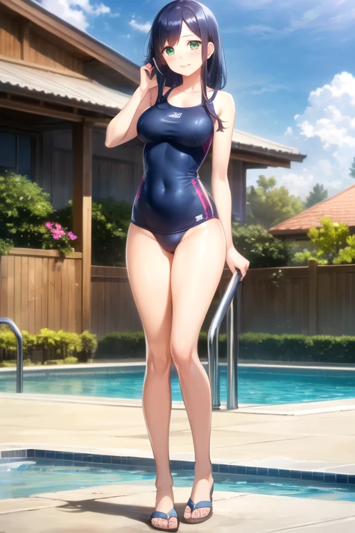 ((hdr, highest resolution, best quality, beautiful, raw image)),1girl, , dark blue hair, long hair, like a big topknot, (((( very standing up half up hair)))), ((even short bangs hair)), (blushing:1.1), smiling, green eyes, full body, slender, (medium breasts), thighs, early teen,  blue one piece swimwear,  outdoor pool ,((big float ring)),  