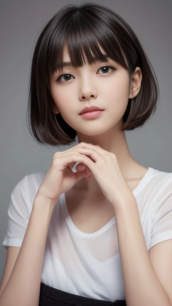 (Highest quality, Very detailed, masterpiece:1.2), 1 women, Very thin body, length, Thin legs, ((Black short hair:1.2)), ((Thick and fluffy bangs)), Very detailedな顔,A faint smile, small, Thin Nose, small thin mouth, Extremely sharply focused eyes, Japanese, Beautiful Face, Realistic eyes, Beautiful and beautiful eyes, Realistic Skin, Beautiful Skin, charm, (A vivid face), Beautiful Hairstyles,((Over Size white Tシャツ)),脇を見せる,腕を上げる,Creepy and unique hairstyles,下からのアングル, High resolution, Vibrant color palettel, Amazing place