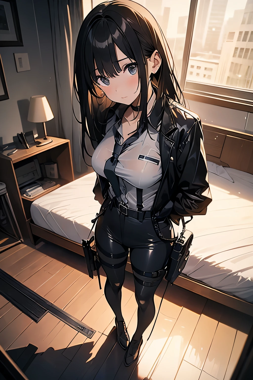 1 female, , high quality, masterpiece, Ultra-high resolution, , Cinema Lighting, , , And the suspenders with the cranes flying Large Breasts Small face holster Lying in bed Looking up Sweat belt summer 脇Sweat Black Hole Gloves suit shirt Black jacket Black trousers Leg Links ズボンにbelt holster Hands behind your back Anxious expression Looking up Anxious face, legs apart Armament Cable ties レッグholster holster See-through clothing heavy rain Getting wet in the rain