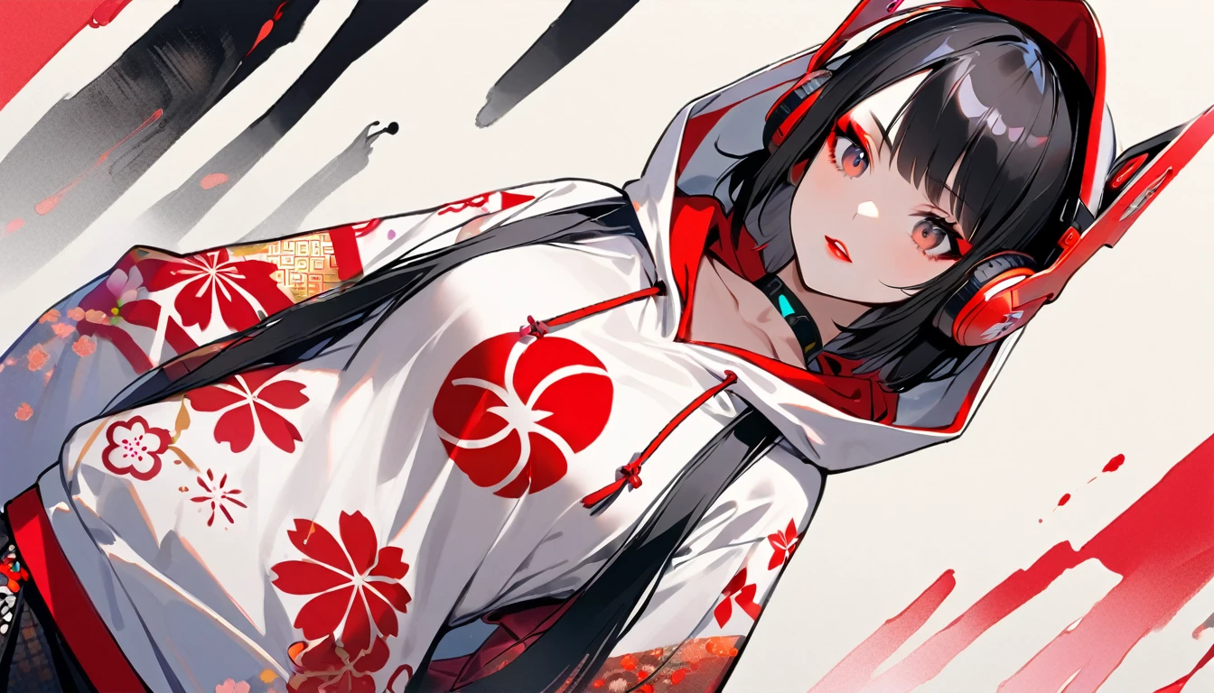 (((1 girl))), (((Ink Painting))), (((high angle shot))), (((Flashy makeup))), (((Japanese style headphones))), (((Japanese pattern hoodie))), (((Put on the hood))), cyber girl, Japan人の少女, Black Hair, Cyber Girl, Japan, Japanese flag, vivid color