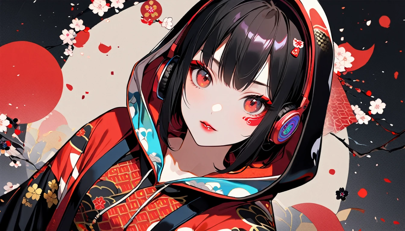 (((1 girl))), (((Ink Painting))), (((high angle shot))), (((Flashy makeup))), (((Japanese style headphones))), (((Japanese pattern hoodie))), (((Put on the hood))), cyber girl, Japan人の少女, Black Hair, Cyber Girl, Japan, Japanese flag, vivid color