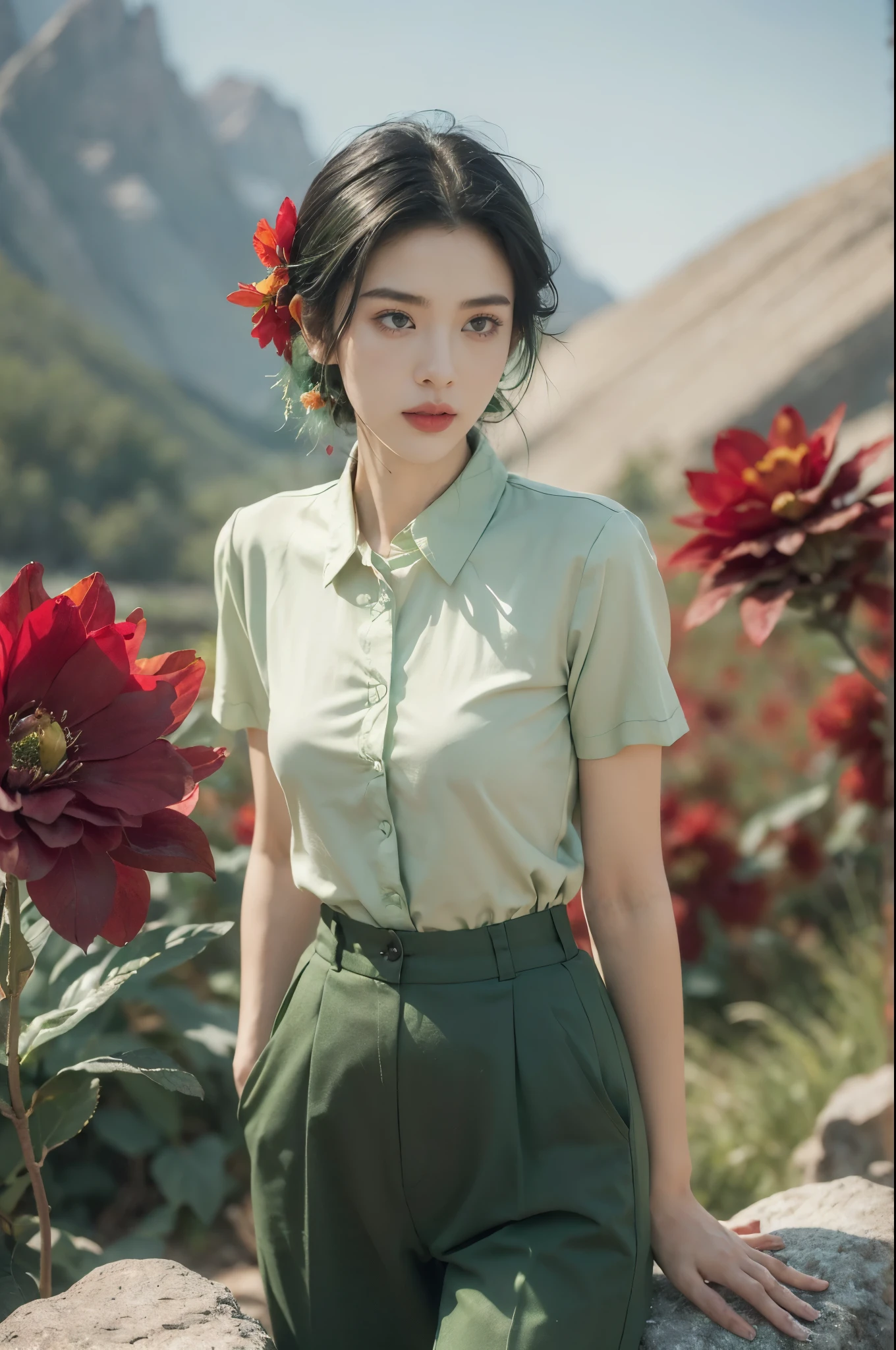 (((best quality))),(((ultra detailed))),(((masterpiece))),illustration,((1 beautiful girl,tomboy,solo)),(short black hair:1.3),((slim,thin)),((small breasts,thin)), vigorous, confident, (light green collared short-sleeved shirt:1.3), (dark green pants:1.2),(slender legs:1.2),(standing:1.3),simplicity, robustness, strong features, (Abandoned Gobi Scene:1.3),(Rock surface:1.2),glowing eyes, rebellious, sensible, (mountainous landscape:1.3), (beside a vibrant red flower:1.3),elegance, unyielding spirit, youthful beauty, strength, resilience, adversity, challenges,((from front,upper body))