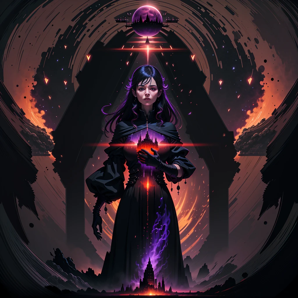 a huge figure in the dark, blurred figure, suspended in the void, holding a floating island in both hands, looking at a city on the island, hyperrealistic, 8k, dramatic lighting, cinematic, dark moody atmosphere, deep purple and red tones, surreal, mystical, ethereal, dramatic, chiaroscuro, conceptual, digital art