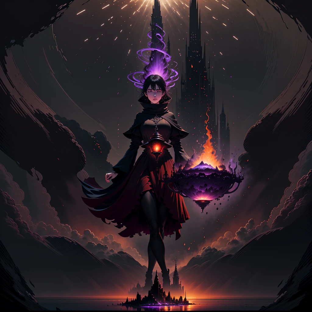 a huge figure in the dark, blurred figure, suspended in the void, holding a floating island in both hands, looking at a city on the island, hyperrealistic, 8k, dramatic lighting, cinematic, dark moody atmosphere, deep purple and red tones, surreal, mystical, ethereal, dramatic, chiaroscuro, conceptual, digital art