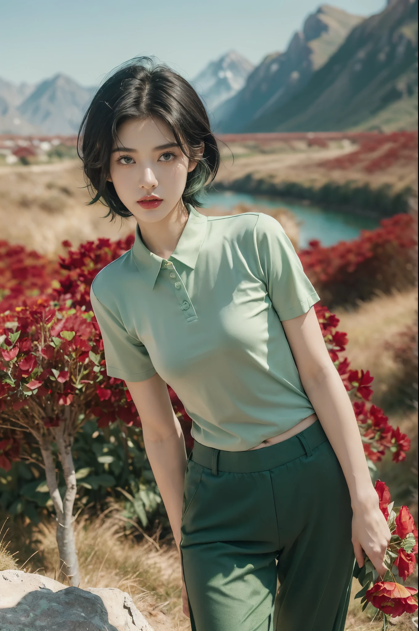 (((best quality))),(((ultra detailed))),(((masterpiece))),illustration,((1 beautiful girl,tomboy,solo)),(short black hair:1.3),((slim,thin)),((small breasts,thin)), vigorous, confident, (light green collared short-sleeved shirt:1.3), (dark green skirt:1.2),(slender legs:1.2),(standing:1.3),simplicity, robustness, strong features, (Abandoned Gobi Scene:1.3),(Rock surface:1.2),glowing eyes, rebellious, sensible, (mountainous landscape:1.3), (beside a vibrant red flower:1.3),elegance, unyielding spirit, youthful beauty, strength, resilience, adversity, challenges,((from front,upper body))