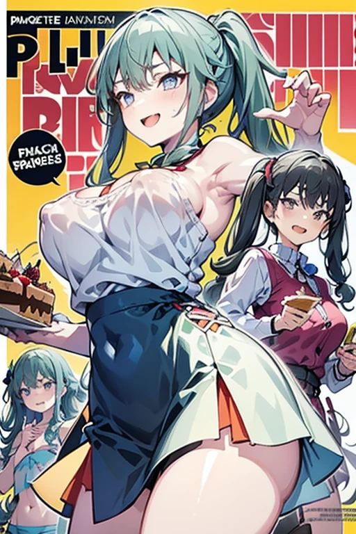 (small breasts:1.2), (perky chest:1.2), (pointed chest:1.2), (Pudding cake magazine cover:1.3),(from below:1.0),(shoot from the side:1.1),masterpiece, 1girl, Amazing Cleavage:1.1, thin waist, optimum,tmasterpiece,hight resolution,best qualtiy,hyper HD,super detailing,awardwinning,a 18yo cute girl,(The upper part of the body),anatomy correct,Beautiful Black miniskirt,garters,Gaze,Small face,bangss,holster,Beautuful Women,hands up,leg holster,Gaze,black boots,Cowboy Shot,cute face,a blond,Longhaire,Twin-tailed,Braids, Hairline,(scarlet eyes),long eyelasher,Hanging eye corners,White skin of the, ((see through camisole:1.1)), ((Sheer nipples:1.0)),Rocket Tits,(Slim body),smile,seductive weak smiling,(with sparkling eyes and a contagious smile),little open mouth, Looking at Viewer,