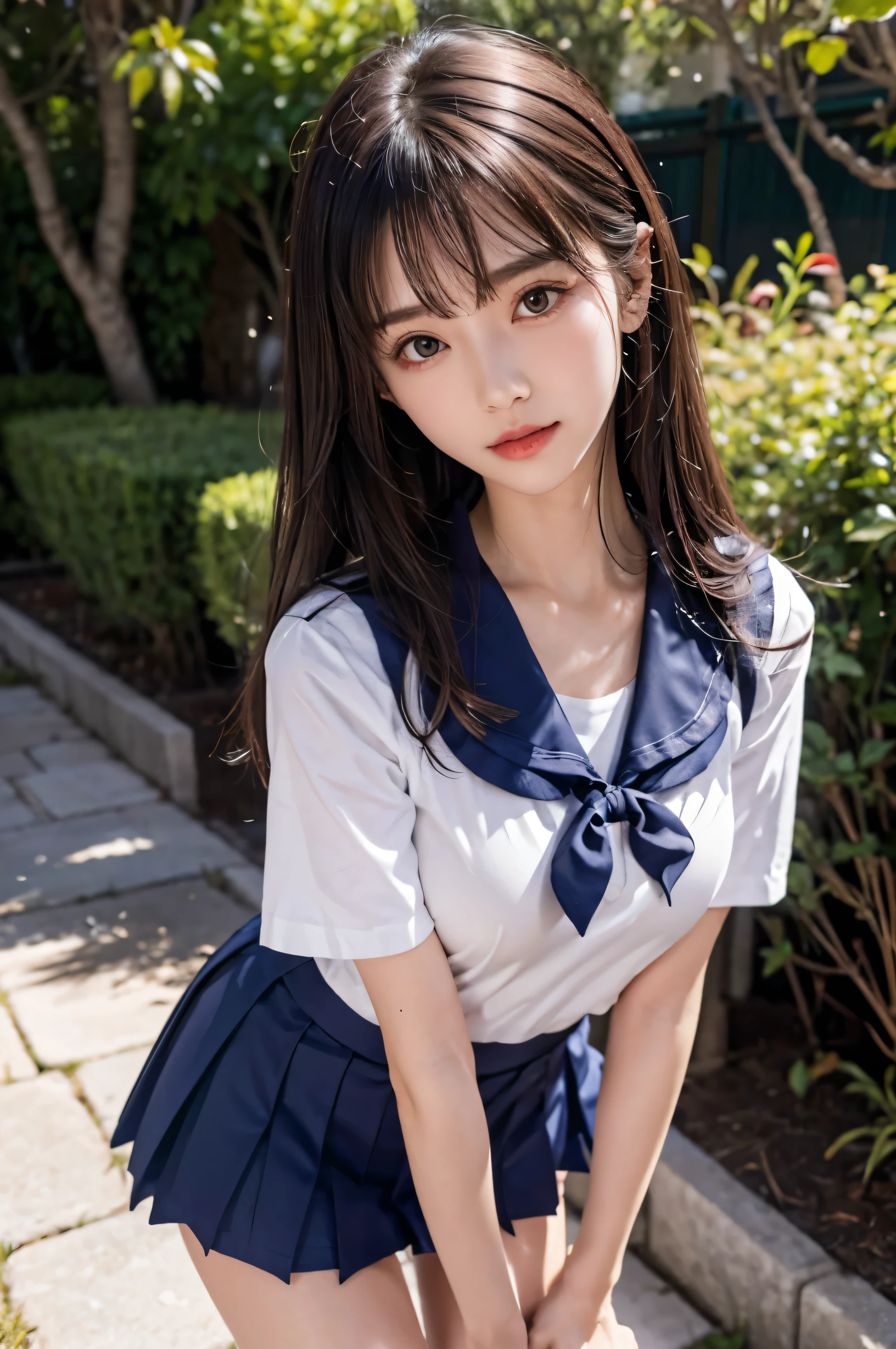 (Ultra HD), (Short-sleeved sailor uniform, Navy blue mini skirt), Big Breasts, slender, whole body, Standing posture, (Clean and shiny skin, Whitening, No makeup), (Super slim face, Super beautiful face), (semi-long, Layered Cut, Fluffy hair), (double eyelid, Slanted Eyes), Small Nose, Thin lips, Thin legs, school gate