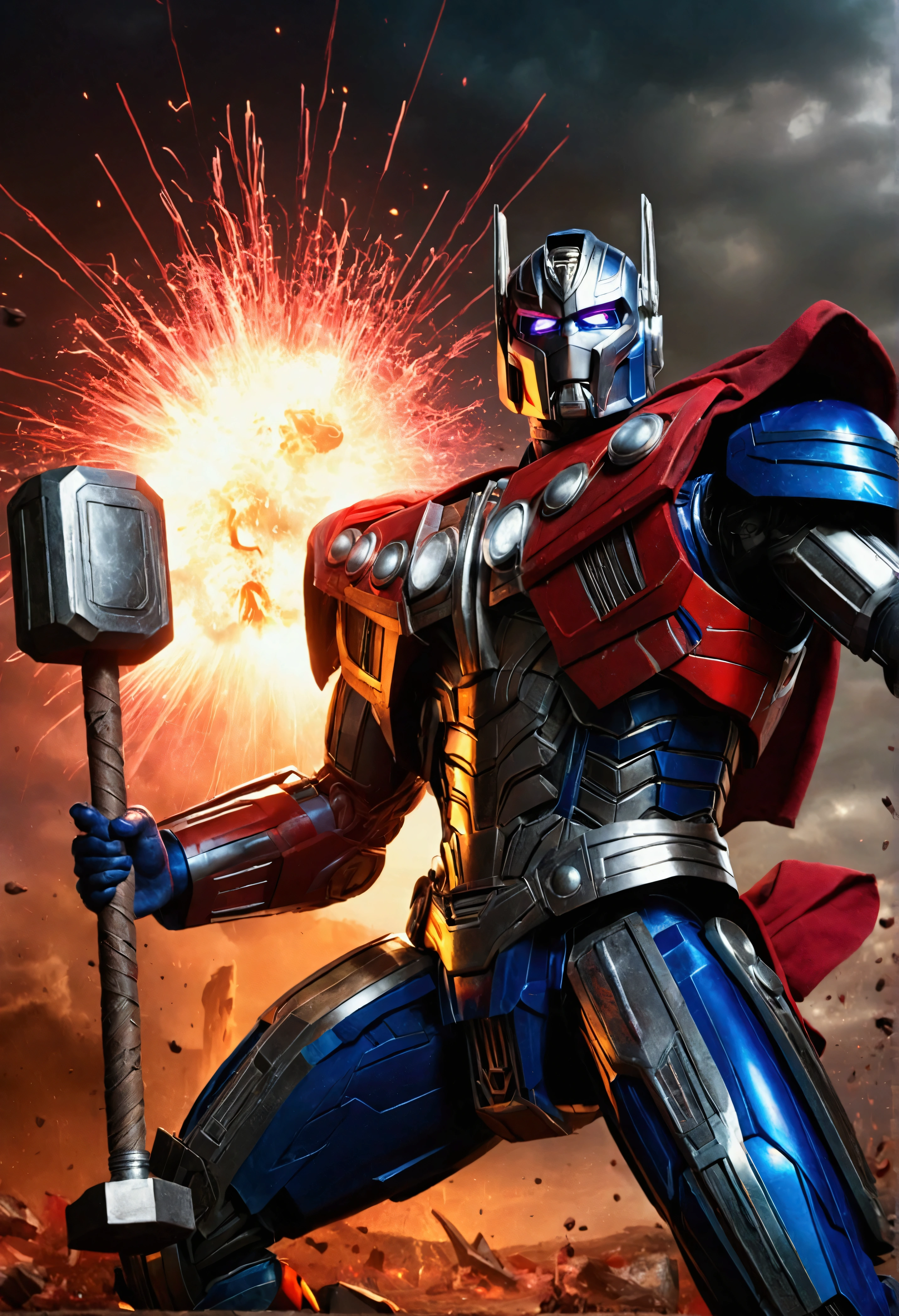 optimus prime, thor, thor dead blood, battle scene, epic cinematic, highly detailed, 8k, photorealistic, hdr, studio lighting, dramatic lighting, striking poses, intense action, muscular bodies, wet blood, torn clothes, sparks, explosions, cinematic camera angle, dramatic shadows, cinematic composition, vivid colors, warm color palette