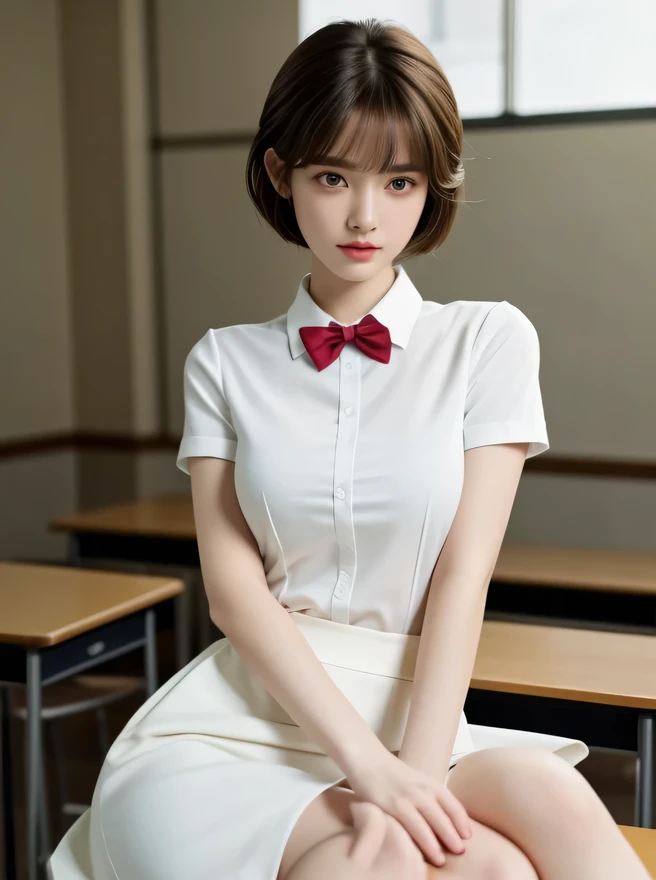 1 girl, a stunningly beautiful -yeld wo, sad, short Hair, glamorous figure, busty, wearing a white collared shirt of Short sleeves, plain Dark red bow tie, hyper cute face, glossy lips, double eyelids in both eyes, natural, long eyelashes, shiny smooth light brown hair, asymmetrical bangs, fair skin, (Many students in the background:1.2), central image, high resolution, high detail, detailed hairstyle, detailed face, high school, old wooden school building, classroom, spectacular cinematic lighting, octane rendering, vibrant, hyper realistic, perfect limbs, perfect anatomy,