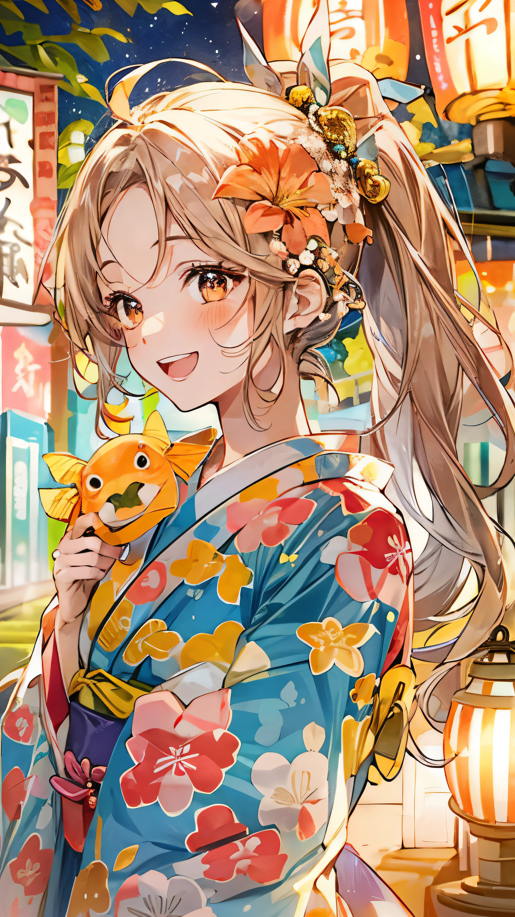 A vibrant summer festival night。A girl wearing a bright pink and orange floral yukata、It stands out among the colorful food stalls and glowing lanterns.。Her hair is、A simple updo with sparkly hair accessories。She enjoys festival activities such as target practice and goldfish scooping.、Her bright smile and laughter brighten up the place.。Fireworks burst into the night sky、Illuminating her sparkling yukata and joyful expression、Capturing a moment of pure charm and beauty、Blonde Hair
