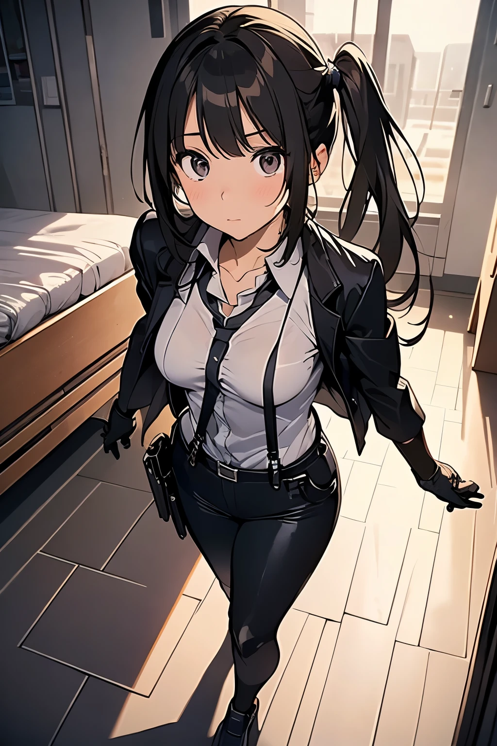 1 female, , high quality, masterpiece, Ultra-high resolution, , Cinema Lighting, , , And the suspenders with the cranes flying　　　Large Breasts　 　 　　　　Small face　 　　　holster　　　　　　　 Lying in bed　Looking up　　　　Sweat 　　　belt　summer　脇Sweat 　Black Hole Gloves　suit　shirt　　Black jacket　 Black trousers　Leg Links　ズボンにbelt　　holster　 　　Hands behind your back　 Anxious expression　Looking up　Anxious face, legs apart　Armament　　Cable ties　レッグholster　holster　See-through clothing　heavy rain　Getting wet in the rain