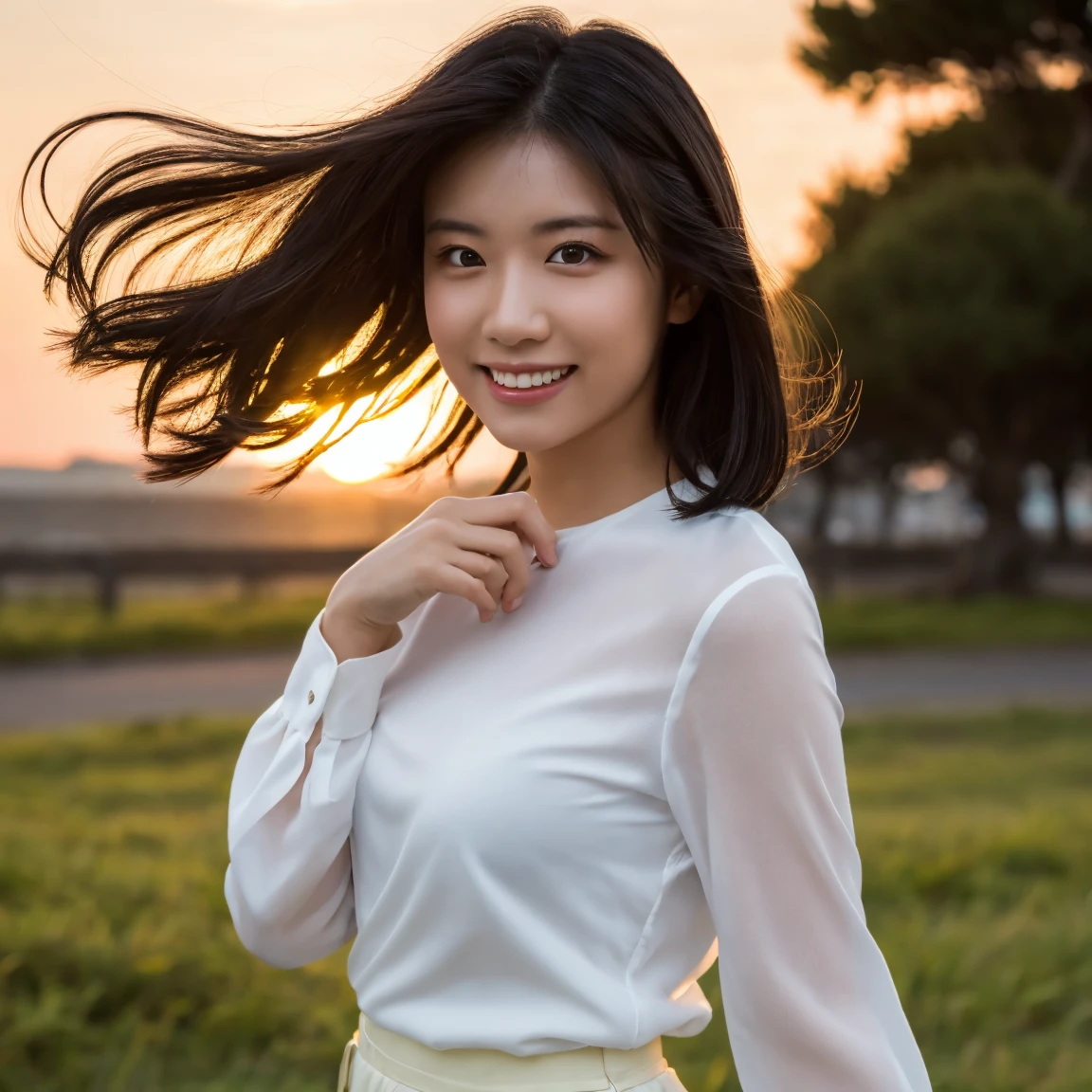 (Highest quality,masterpiece:1.3,Ultra-high resolution),(Very detailed,Caustics,8k),(Realistic:1.4,RAW shooting),Japanese,23 years old,cute,Place your finger on your lips,Are standing,(Big smile),(Looking into the camera),Black Hair Medium Hair,White blouse,Knee-length skirt,Strong winds,Hair blowing in the wind,Coastal,Backlight,sunset,sunset sky,(whole body),Natural light