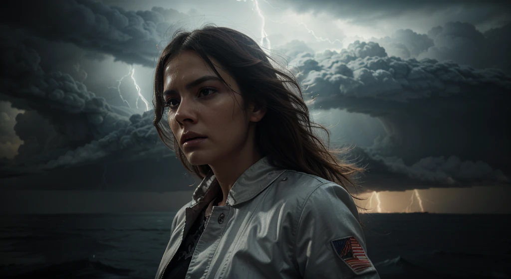 1 beautiful goddess, photorealistic, hyper detailed, cinematic lighting, dramatic stormy sky, raging lightning and thunder, cold fury, powerful presence, flowing hair, intense gaze, realistic skin texture, intricate clothing folds, volumetric fog, dramatic composition, masterpiece, 8k, photorealistic, hyper realistic