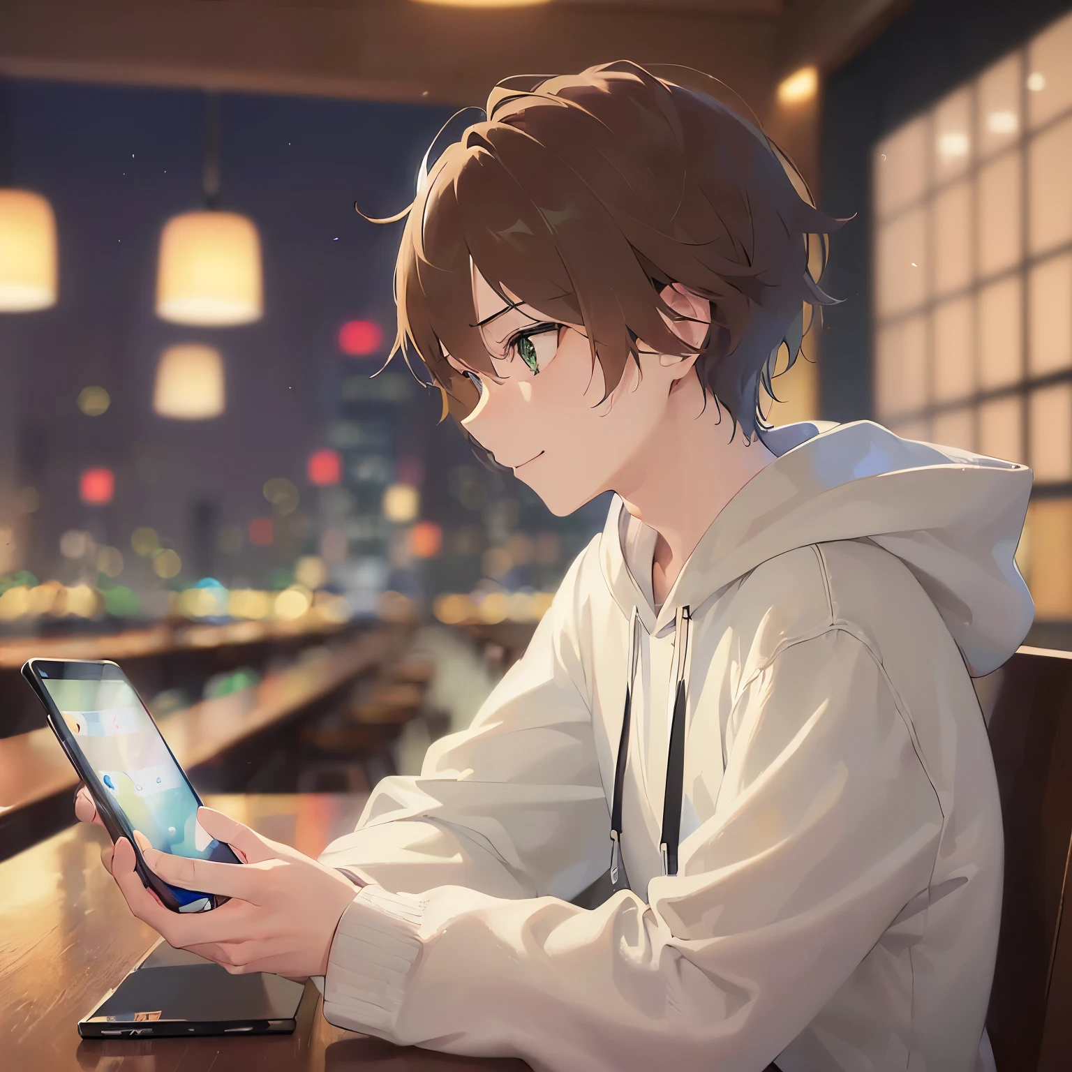 (looking away:1.5),upper body,Side shot、(handling_smart_phone, smart_phone:1.2)、
masterpiece、Highest quality、BREAK (25-year-old male:1.5) and (Mahogany brown short hair) and (Green Eyes)
BREAK,
black hoodie,
smile,Inside the restaurant at night、(alone:1.5)