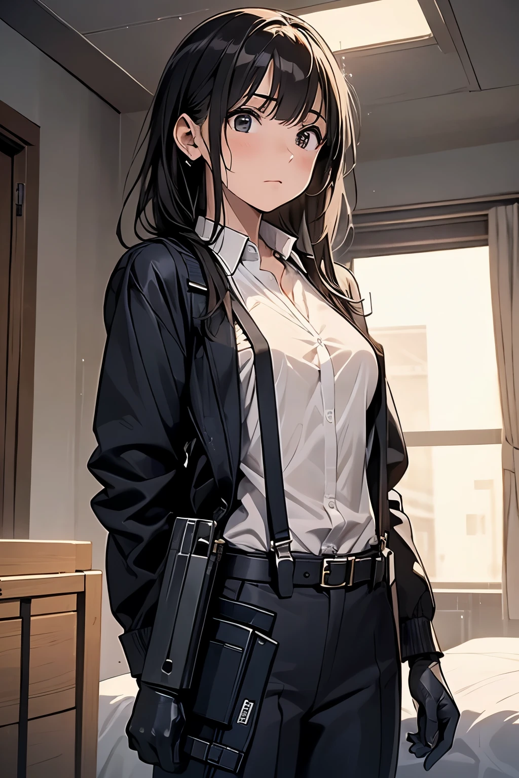 1 female, , high quality, masterpiece, Ultra-high resolution, , Cinema Lighting, , , And the suspenders with the cranes flying Large Breasts Small face holster Lying in bed Looking up Sweat belt summer 脇Sweat Black Hole Gloves suit shirt Black jacket Black trousers Leg Links ズボンにbelt holster Hands behind your back Anxious expression Looking up Anxious face, legs apart Armament Cable ties レッグholster holster See-through clothing heavy rain Getting wet in the rain