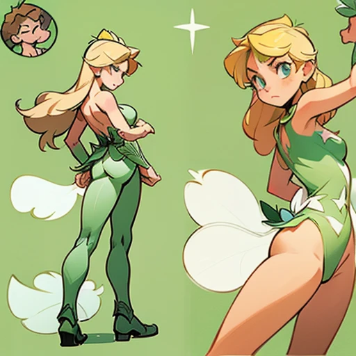 Topless suit design inspired by Tinker Bell  (peter pan) With long Blond hair , in various views (front and back)  ((Character sheet)) (((covering cross pose )))