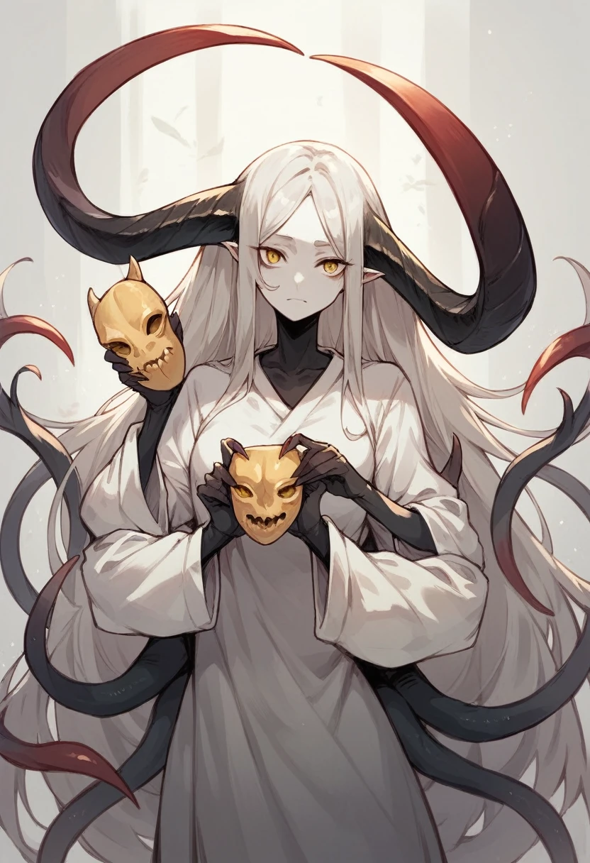 Humanoid creature, pale skin, very long hair, long horns, yellow eyes, extra arms, holding a mask