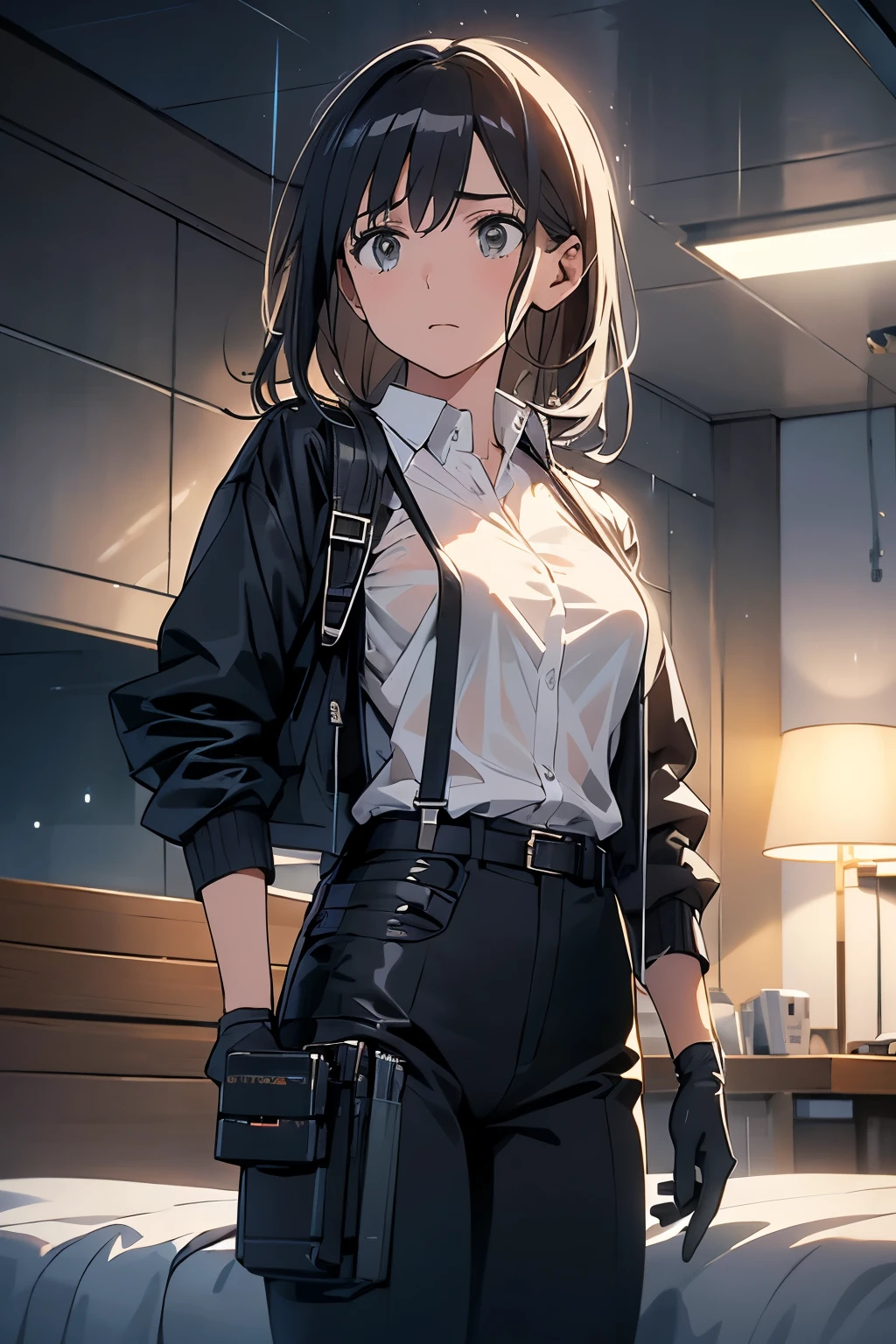 1 female, , high quality, masterpiece, Ultra-high resolution, , Cinema Lighting, , , And the suspenders with the cranes flying Large Breasts Small face holster Lying in bed Looking up Sweat belt summer 脇Sweat Black Hole Gloves suit shirt Black jacket Black trousers Leg Links ズボンにbelt holster Hands behind your back Anxious expression Looking up Anxious face, legs apart Armament Cable ties レッグholster holster See-through clothing heavy rain Getting wet in the rain