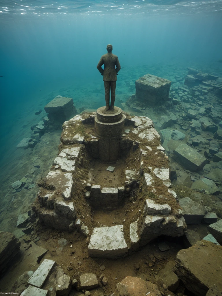 Sunken deep underwater Statue of communism, communistic ancient civilization, ancient rusty hammer and sickle, closed up view