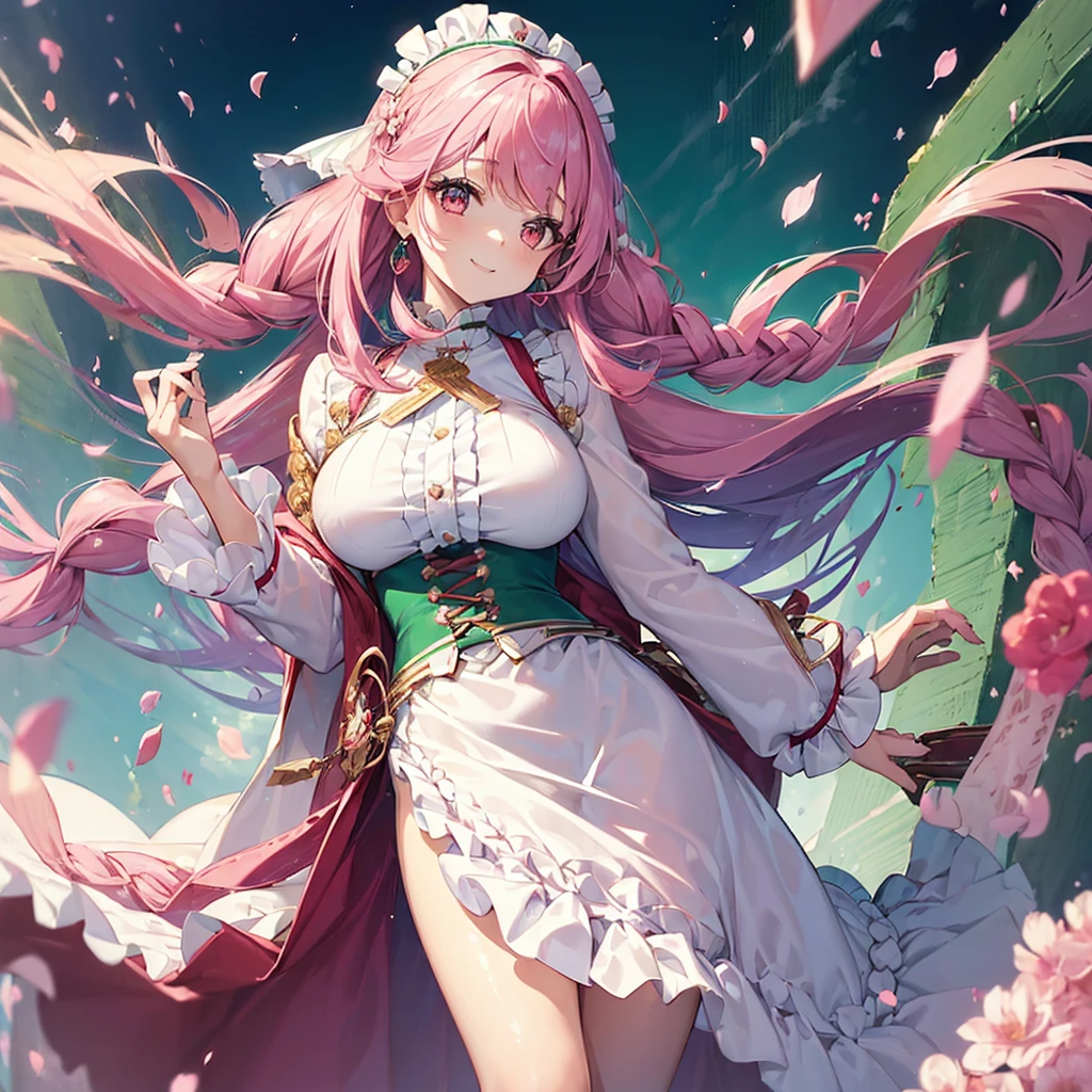 ((masterpiece)), ((One beautiful woman:1.5)), Pink Hair、Twin braids、The inner layer is a blouse、A fluffy outerwear emerald green with white sleeves、Ruffled Skirt、A big smile 、Red Eyes