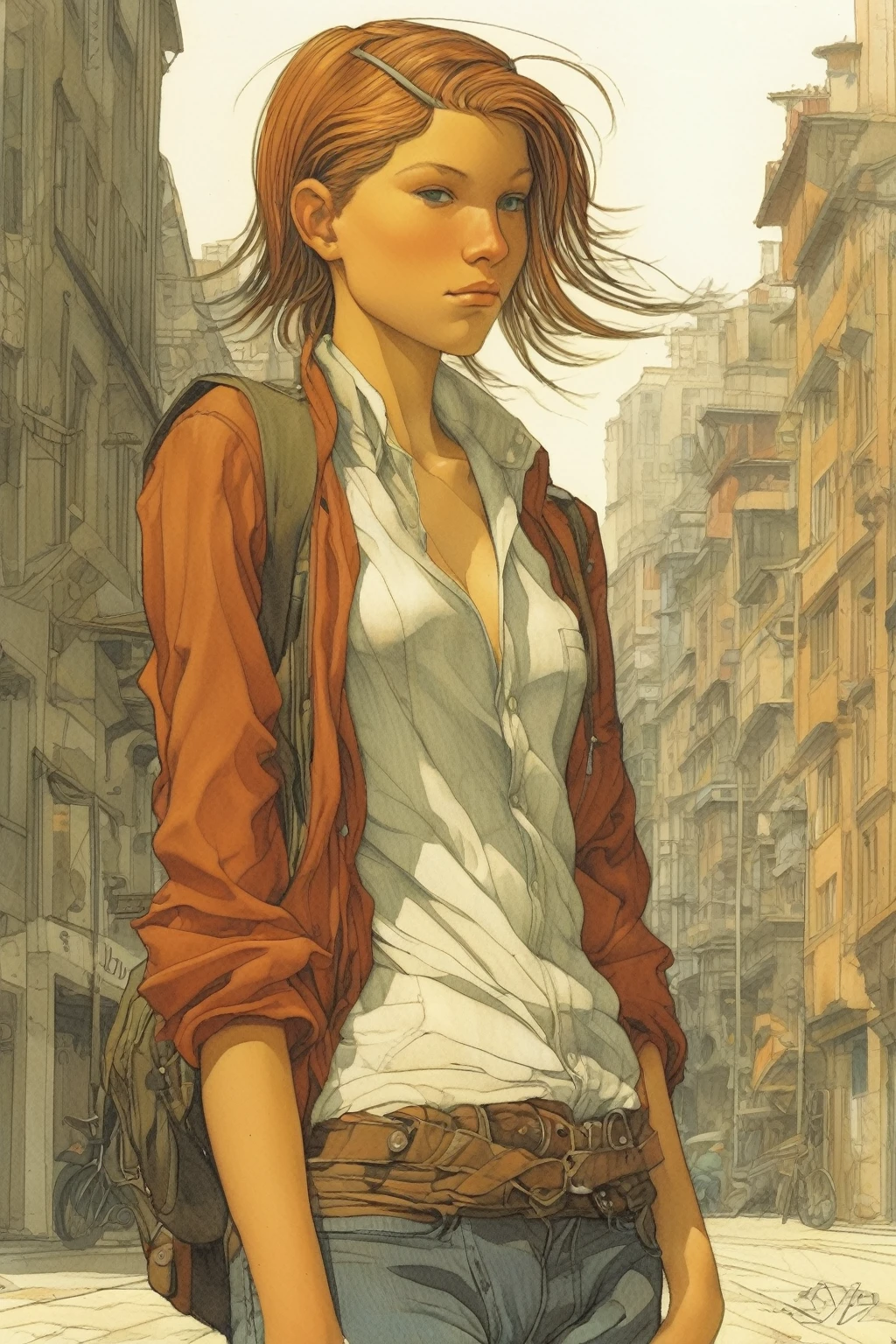 Luc Schuiten Style - Androgynous tomboy person, very pretty, extremely pretty, hazel hair, neither a boy nor a girl, flat chest, curvy ass, round tight ass, androgynous very pretty style, so pretty, bandana, so pretty, mid long hair,