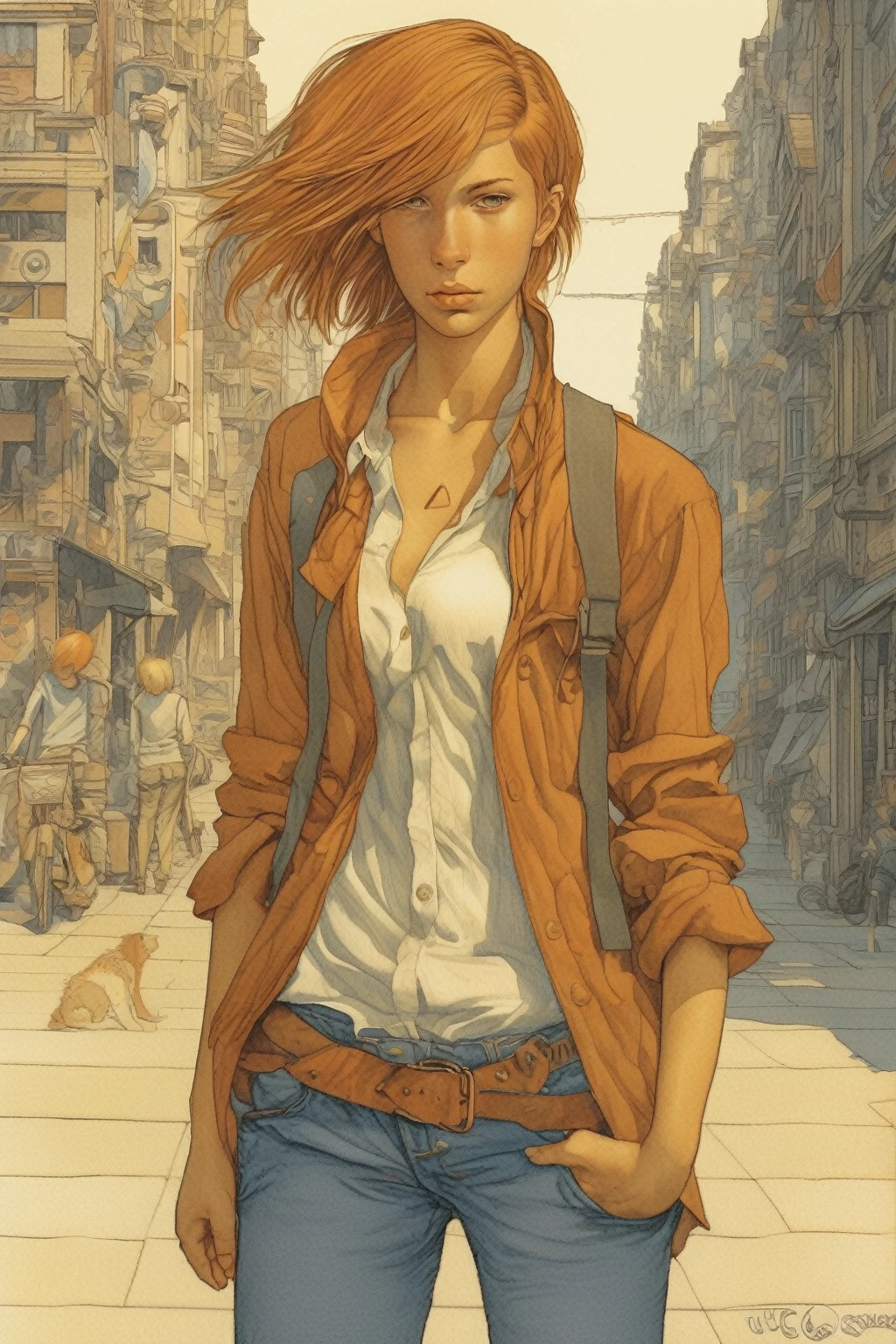 Luc Schuiten Style - Androgynous tomboy person, very pretty, extremely pretty, hazel hair, neither a boy nor a girl, flat chest, curvy ass, round tight ass, androgynous very pretty style, so pretty, bandana, so pretty, mid long hair, 