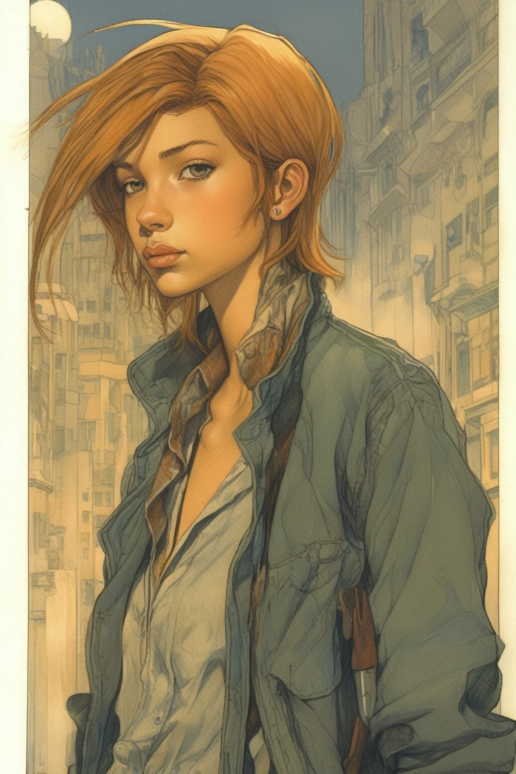 Luc Schuiten Style - Androgynous tomboy person, very pretty, extremely pretty, hazel hair, neither a boy nor a girl, flat chest, curvy ass, round tight ass, androgynous very pretty style, so pretty, bandana, so pretty, mid long hair, 