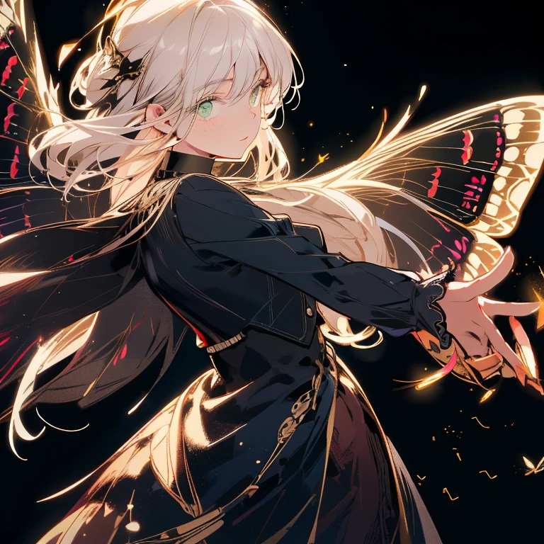 a beautiful (1woman) with colorful butterfly wings, white hair, detailed face, green eyes,intricate butterfly wings,detailed wing patterns,detailed clothing,colorful butterfly wings,cinematic lighting,golden light particle, best detailed,masterpiece,ultra detailed, best shadow, action pose, (dynamic angle,detailed background,dark fantasy), (beautiful detailed face), high contrast, (best illumination, an extremely delicate and beautiful), ((cinematic light)), colorful, hyper detail, dramatic light, intricate details