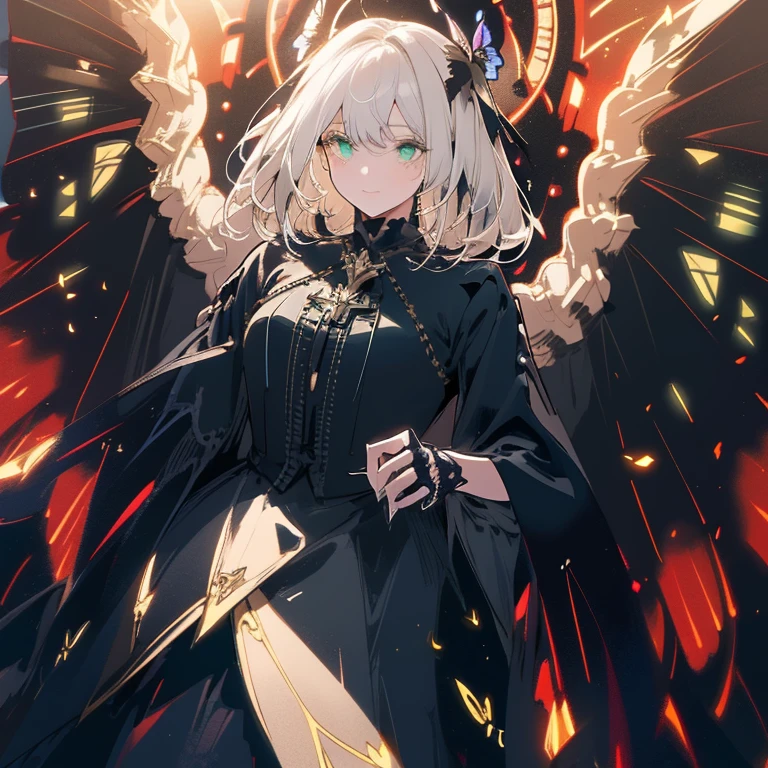 a beautiful (1woman) with colorful butterfly wings, white hair, detailed face, green eyes,intricate butterfly wings,detailed wing patterns,detailed clothing,colorful butterfly wings,cinematic lighting,golden light particle, best detailed,masterpiece,ultra detailed, best shadow, action pose, (dynamic angle,detailed background,dark fantasy), (beautiful detailed face), high contrast, (best illumination, an extremely delicate and beautiful), ((cinematic light)), colorful, hyper detail, dramatic light, intricate details