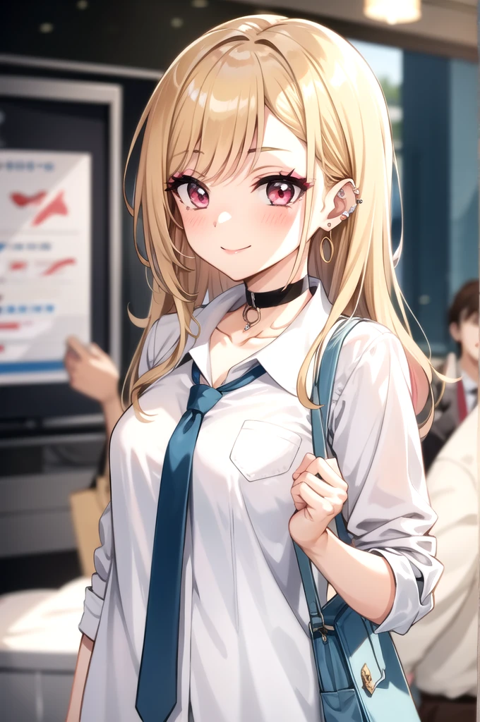 tall body, tall, long legs, mature female, mature, adult, eft_marin, kitagawa marin, 1girl, blonde hair, smile, choker, shirt, long hair, necktie, white shirt, jewelry, black choker, earrings, , red eyes, looking at viewer, collared shirt, bangs, multicolored hair, blurry background, closed mouth, collarbone, upper body, blue necktie, blurry, solo, makeup, gradient hair, solo focus, blush, eyelashes, ear piercing, bag, piercing, pink eyes, gyaru