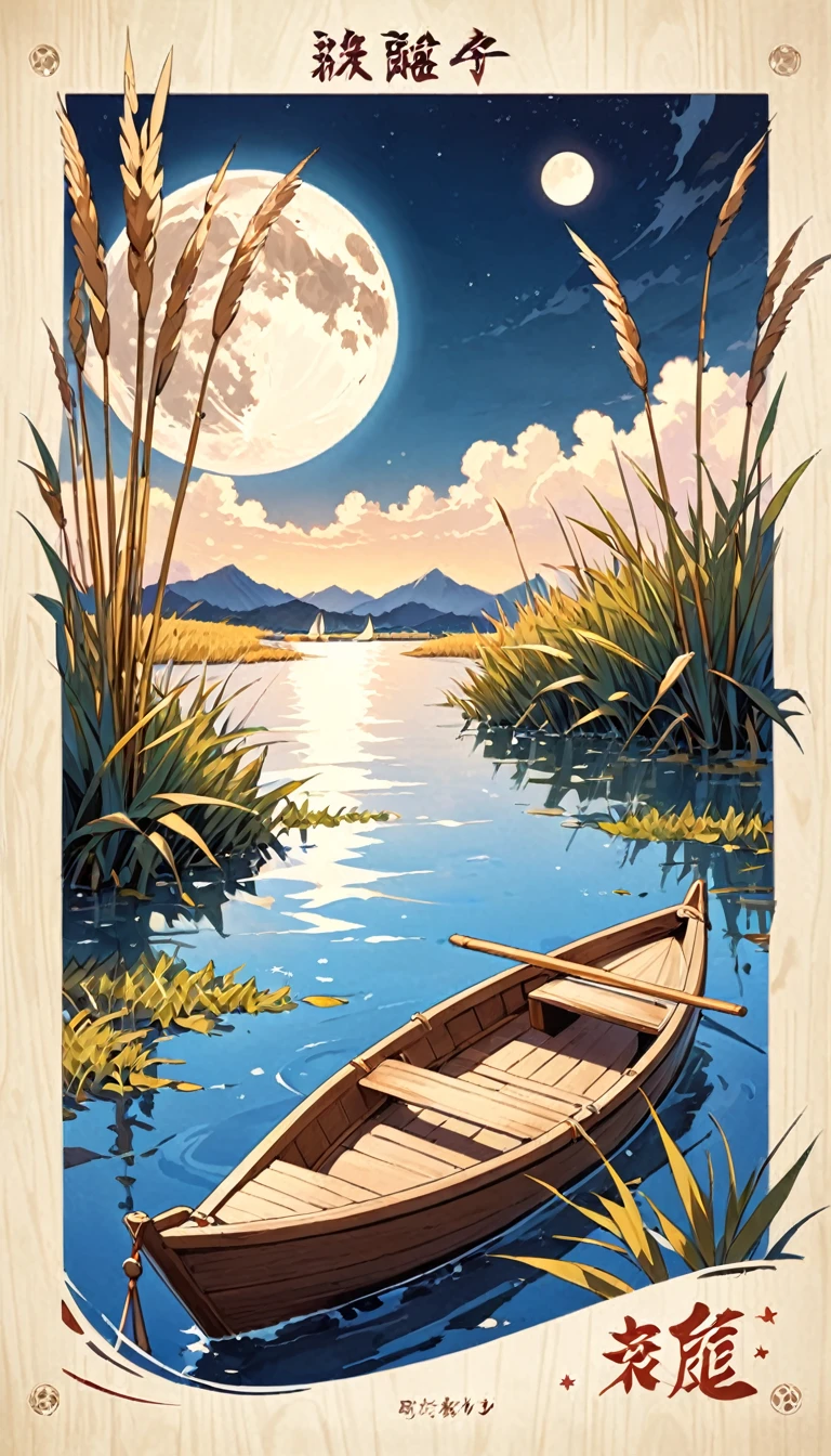 There is a poster,Small wooden boat,A small amount of reed, Boat,moon