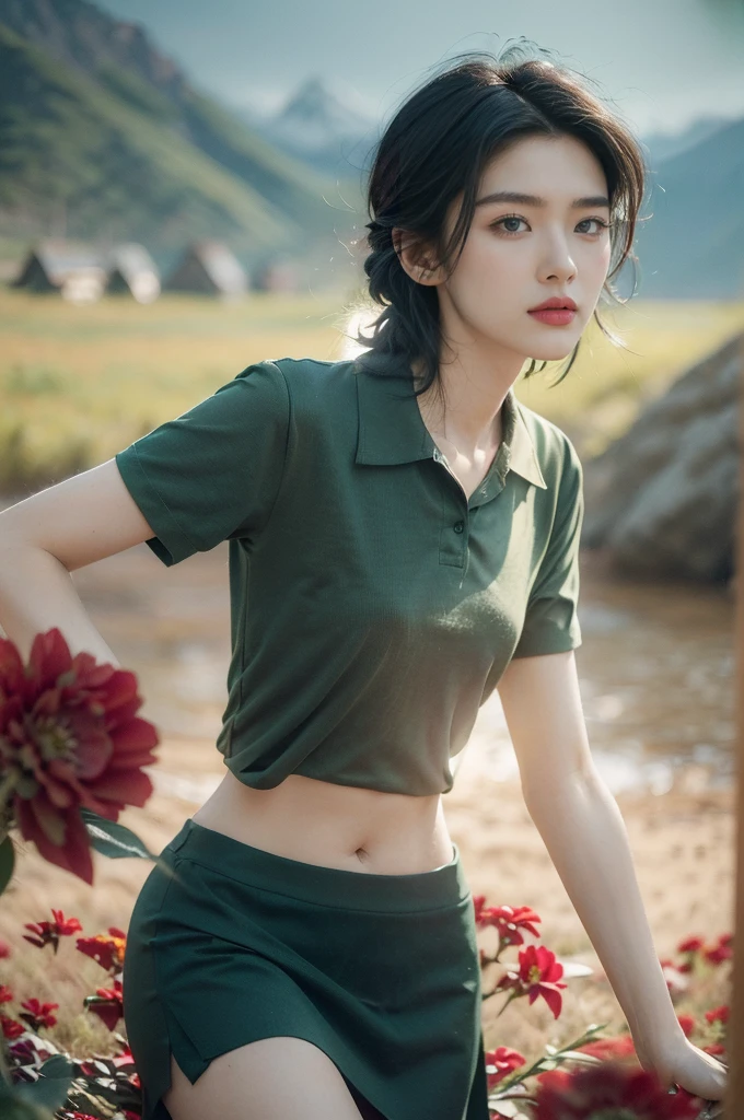 (((best quality))),(((ultra detailed))),(((masterpiece))),illustration,((1 beautiful girl,tomboy,solo)),(short black hair:1.2),((slim,thin)),((small breasts,thin)), vigorous, confident, (light green collared shirt:1.3), (dark green pants:1.2),(standing:1.3),simplicity, robustness, strong features, (Abandoned Gobi Scene:1.3),glowing eyes, rebellious, sensible, (mountainous landscape:1.3), (only one vibrant red flower:1.3),elegance, unyielding spirit, youthful beauty, strength, resilience, adversity, challenges,((from front,upper body))
