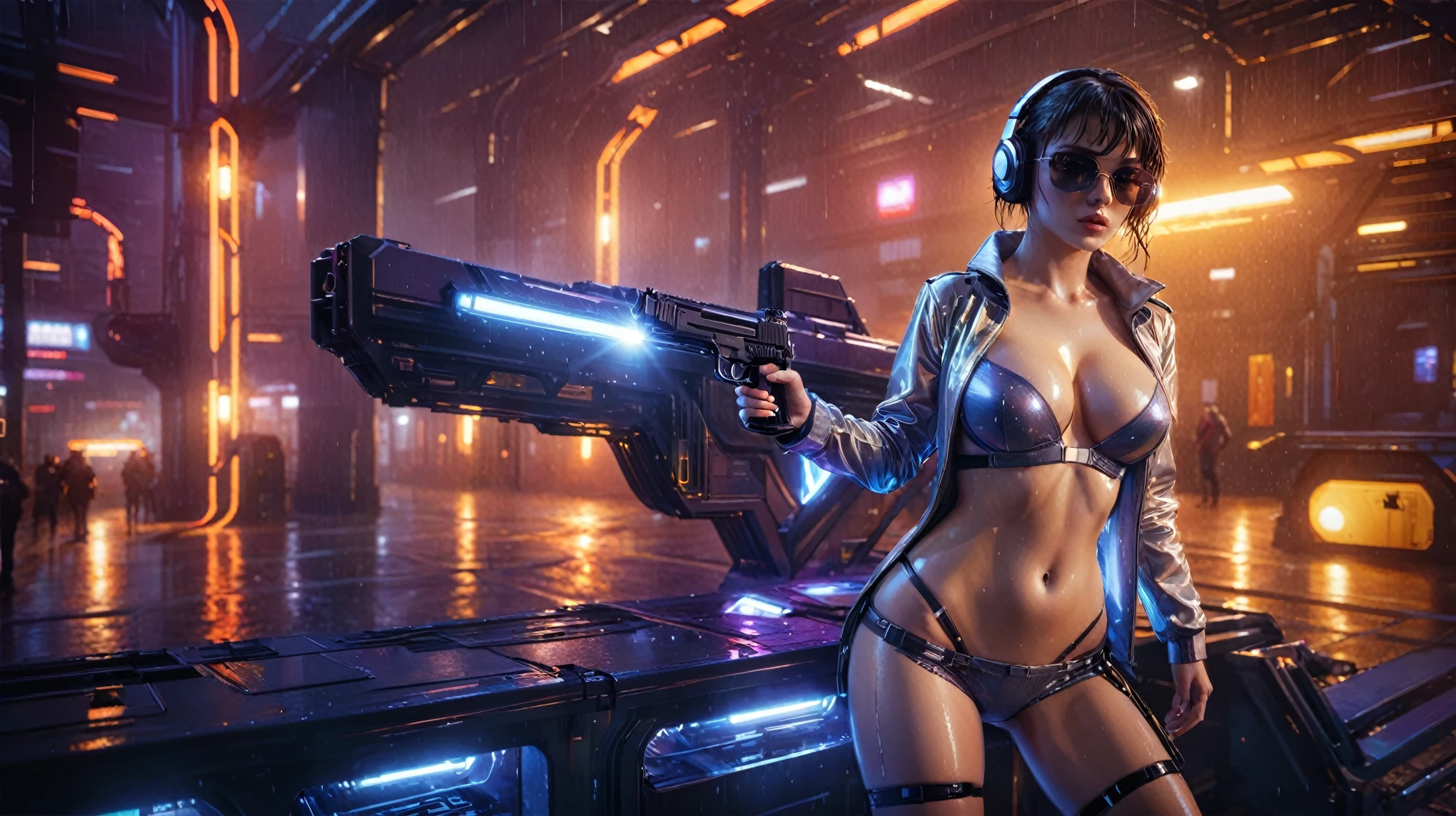 (((aerial view))), Blade Runner style futuristic railway platform, hi-tech train, neon lights, rainy night. (1girl, solo, alone), large-breast:1.2 slim body, cleavage:1.1, sexy lingerie with wet jacket, headphone, (black sunglasses), (((she raised a pistol:1.8 and shot:1.8 the viewer))), dynamic pose, (((half-body thigh level medium shot))), cinematic lighting, lens flare, ray tracing, blurred:1.4 background.