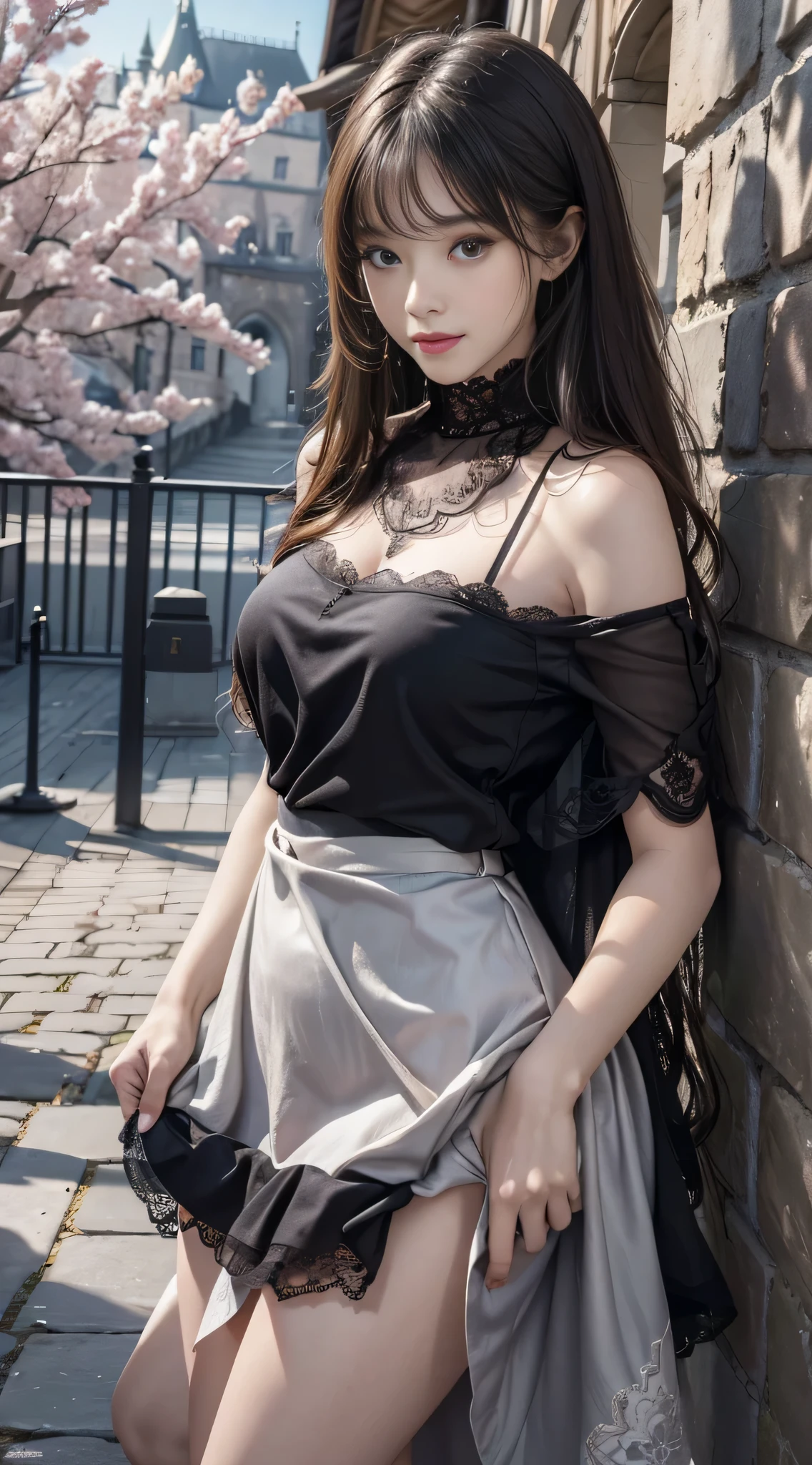 (ultra-realistic)、(High resolution)、(8k)、(High definition)、(Best Illustration)、(Beautiful details)、(Highest quality)、(Ultra fine)、(masterpiece)、(wall) paper)、(detailed face)、solo、There is one girl、Looking at、Detailed、detailed face、Low Key、detailed face。 Shadow、Low Key、Pure Face_v1、smile、long、Straight hair in black shawl、46 point diagonal bangs、 Translucent lace silk dress、mini skirt)(Off the shoulder)View of the castle、(Standing in front of a wall covered with ivy),
