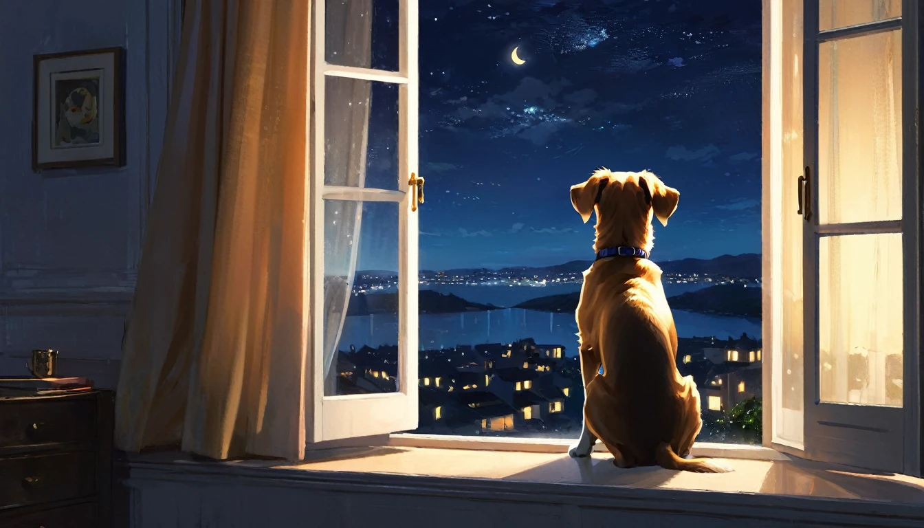 high quality, 最high quality, High resolution, masterpiece, 最高masterpiece, 8k, 16K, An illustration, night, Dog sitting by the window looking outside,