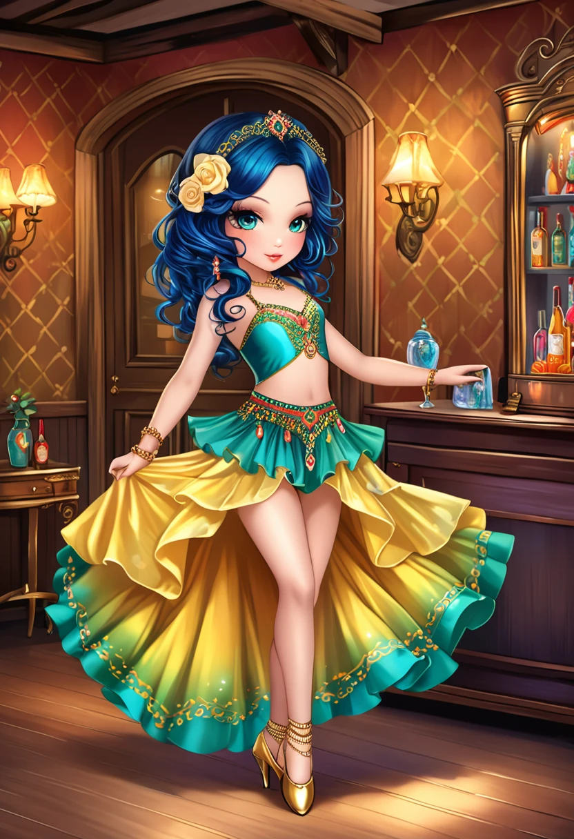 (((in style of Jasmine Becket-Griffith, full-length portrait of a dancer in a living room))), 1girl, Stunning young dancer, Gypsy Dancer, (Amazing dance:1.9), Beautiful dance costume, Jewelry, Accessories, slim body, Sexy dancing, French Country Bar, Lively stage, Cheerful atmosphere, The artist&#39;s works, painting, A masterpiece, Vibrant colors, Physically based rendering, Clear focus, Ultra HD, (Use a wide-angle lens to shoot the whole body:2.2), high resolution, (panorama:1.8), Best quality, 8k, masterpiece, anatomically correct, textured skin, award winning