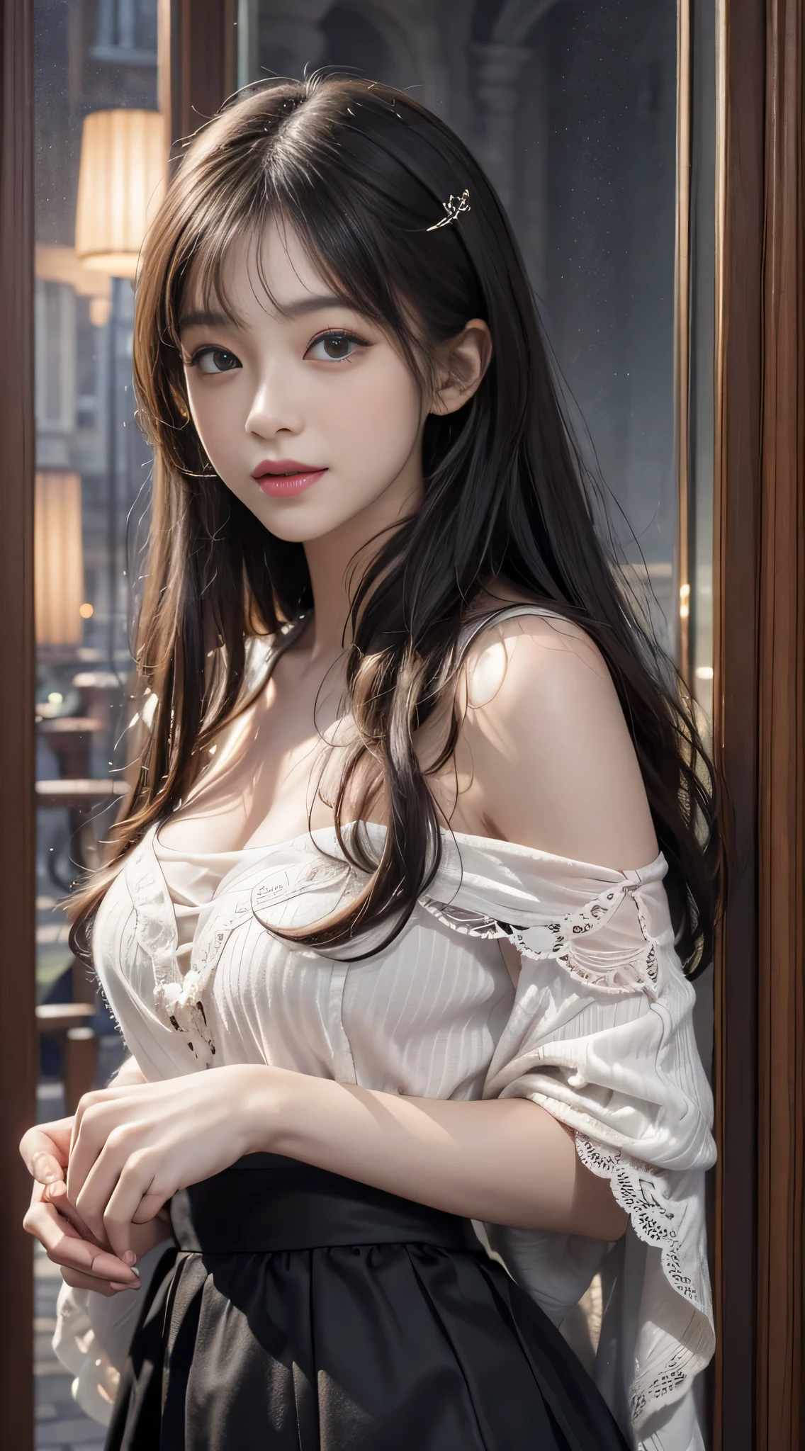 (ultra-realistic)、(High resolution)、(8k)、(High definition)、(Best Illustration)、(Beautiful details)、(Highest quality)、(Ultra fine)、(masterpiece)、(wall) paper)、(detailed face)、solo、There is one girl、Looking at、Detailed、detailed face、low key、detailed face。 Shadow、low key、Pure Face_v1、smile、long、Straight hair in black shawl、46 point diagonal bangs、 Translucent lace silk dress、mini skirt)(Off the shoulder)View of the castle、(Standing in front of a wall covered with ivy),