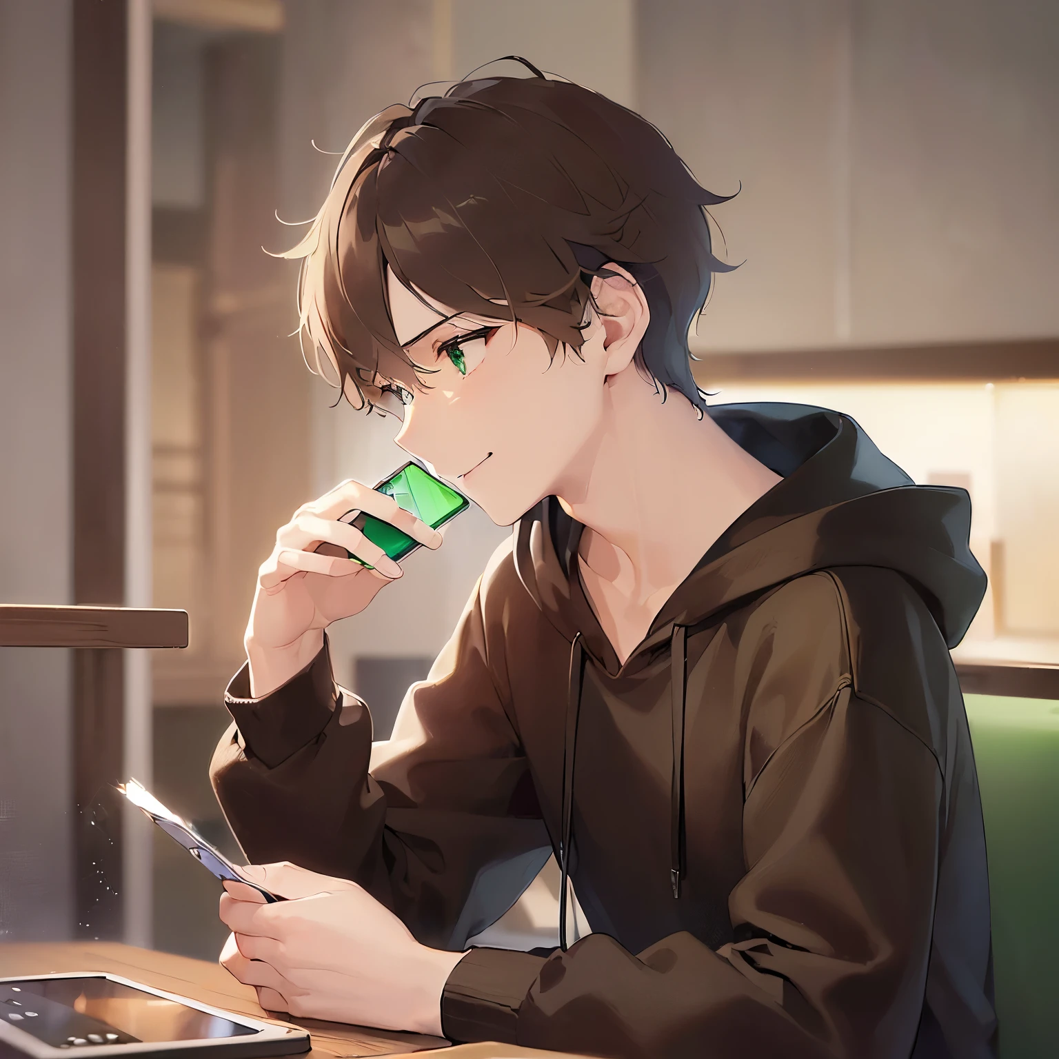 (looking away:1.5),upper body,Side shot、(handling_smart_phone, smart_phone:1.2)、
masterpiece、Highest quality、BREAK (25-year-old male:1.5) and (Mahogany brown short hair) and (Green Eyes)
BREAK,
black hoodie,
smile,Inside the restaurant at night、(alone:1.5)