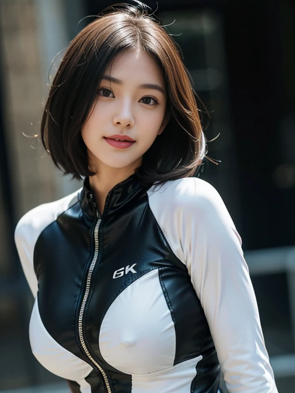 1 woman、Korean、Korean、cyberpunk suit、smooth rubber、tight suit、chest chuck、intricate details、high quality、(upscale:1.4)、Staring at me、ultra realistic 8k、Perfection face、perfection、clean、masterpiece、professional artwork、famous works、Perfection face、beautiful expression、beautiful eyes、short black hair、high heels、wet hair、very big breasts、best image quality、natural background、(focus on chest)、No pants, (RAW Photography:1.2)、top-quality、white, a beautiful detailed girl、tight water suit、latex wet suit, a smile、Twin-tailed、extremely detailed eye and face、beatiful detailed eyes、huge filesize、hight resolution、hight resolution、8k wallpapenely detail、Highly detailed ticker uniform 8k wallpaper、Light on the face、movie lighting、、sexy pose、(photorealisim:1.4)、illustratio、surrealism、 frombelow、super detailing、masterpiece