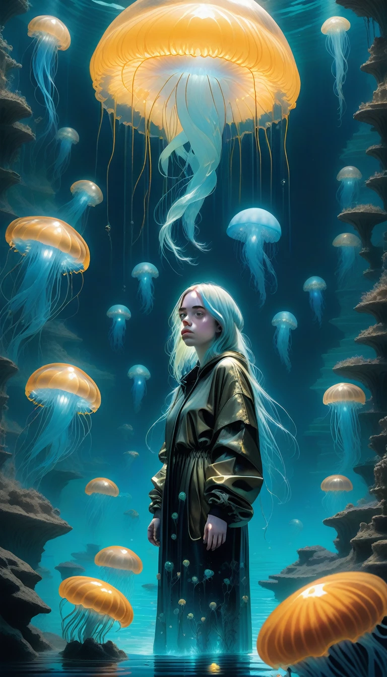 mysterious, Fantasy, figure: Billie Eilish is ancient, Sunken City. with a gentle touch, She controls luminous jellyfish that create a protective barrier., Drive away the shadow creatures that lurk in the depths.
