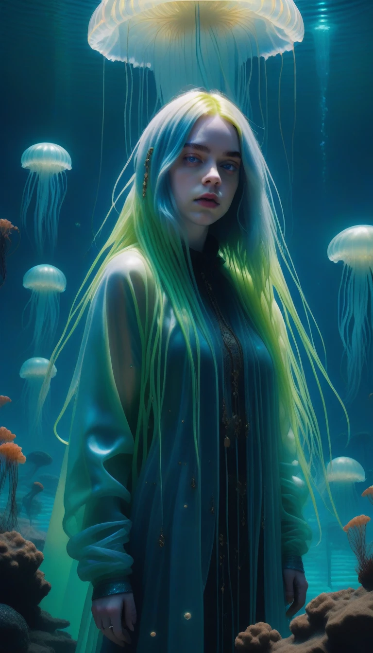 mysterious, Fantasy, figure: Billie Eilish is ancient, Sunken City. with a gentle touch, She controls luminous jellyfish that create a protective barrier., Drive away the shadow creatures that lurk in the depths.