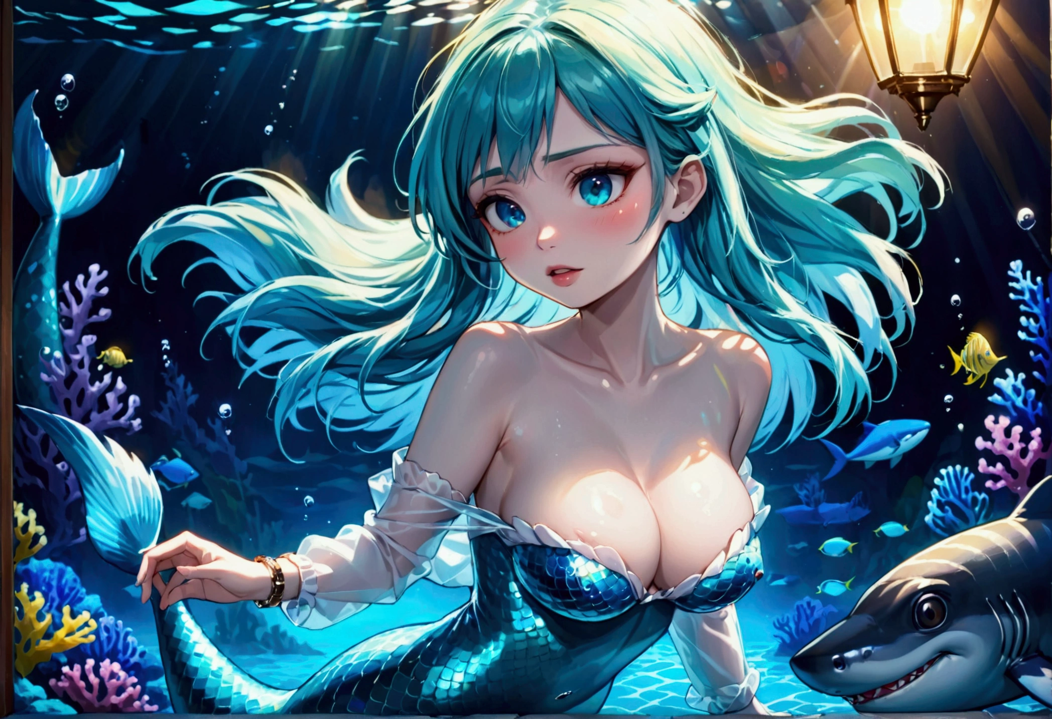 A cute woman mermaid (turquoise hair, pale skin, blue scales, breast covers) is dancing with a blue shark deep in the ocean, glowing creatures watch nearby lighting the scene