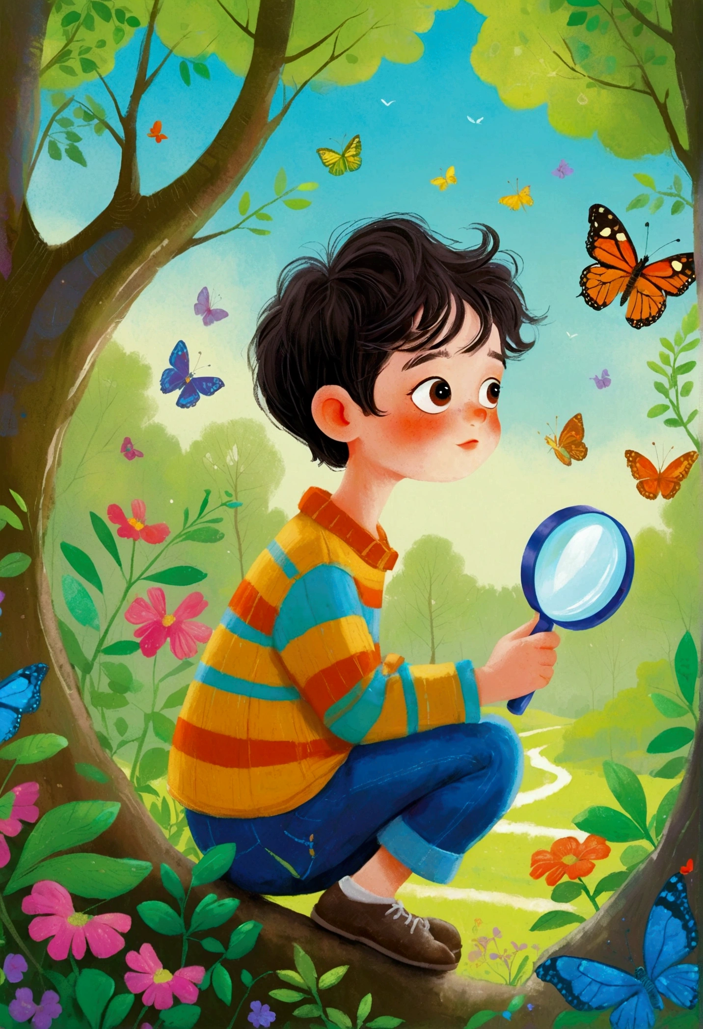 illustration：A boy in the forest observing plants through a magnifying glass。 梅青 的故事书illustration, devianart contest winners, Concept Art, 儿童书籍illustration, 儿童书籍illustration, 儿童书籍illustration, 儿童书籍illustration, colorful 儿童书籍illustration, 儿童书籍illustration, Children&#39;s illustrations, 儿童书籍illustration, 故事书illustration, Children&#39;s illustrations