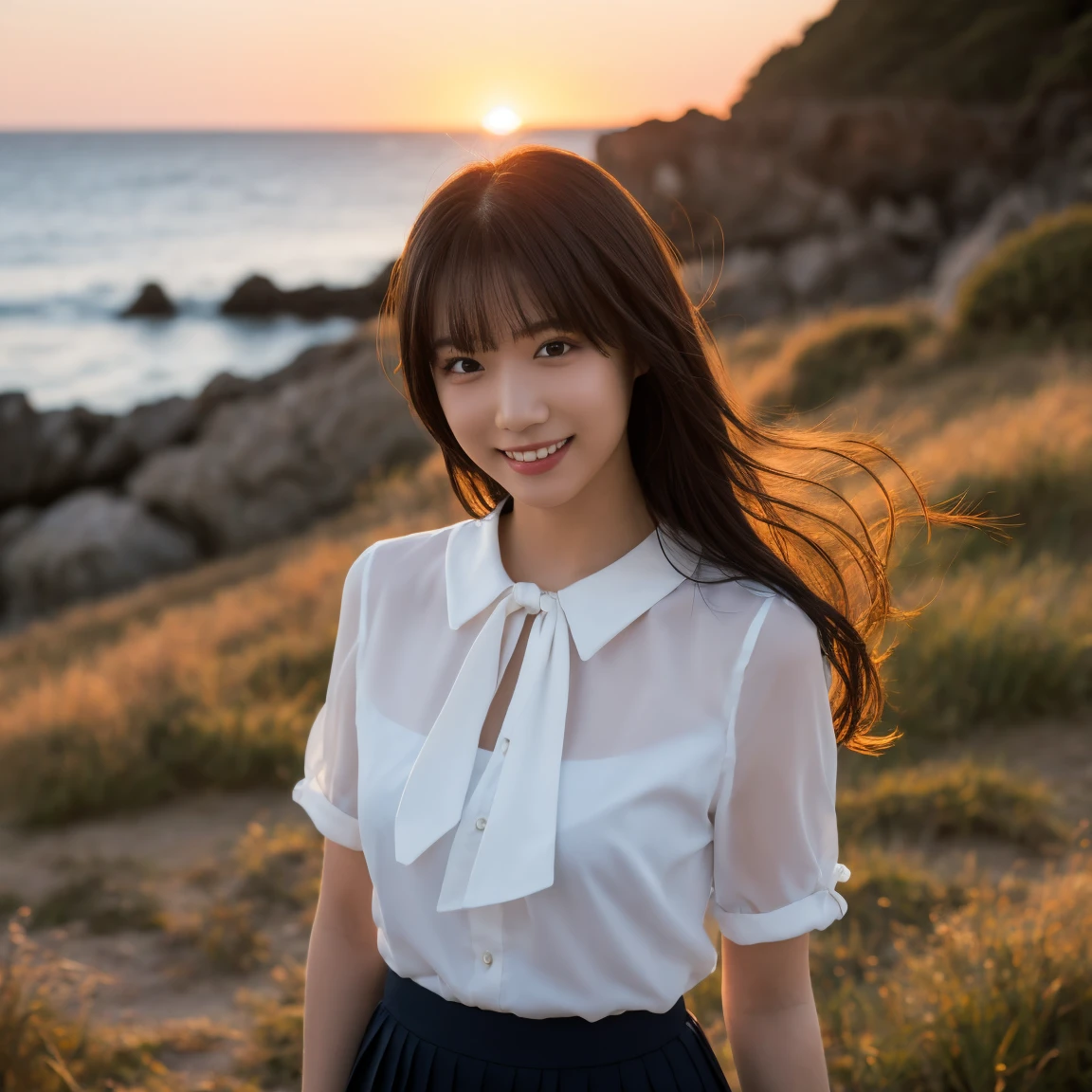 (Highest quality,masterpiece:1.3,Ultra-high resolution),(Very detailed,Caustics,8k),(Realistic:1.4,RAW shooting),Japanese,23 years old,cute,Place your finger on your lips,Are standing,(Big smile),(Looking into the camera),Black Hair Medium Hair,White blouse,Knee-length skirt,Strong winds,Hair blowing in the wind,Coastal,Backlight,sunset,sunset sky,(whole body),Natural light