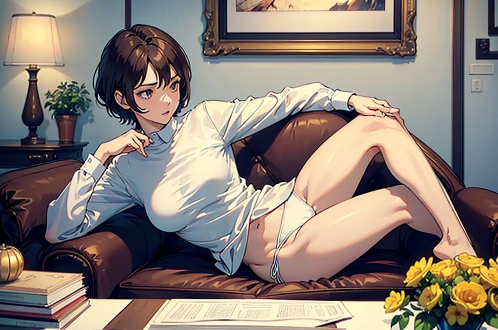 masterpiece,(Perfect Anatomy:1.5), pov, highest quality, a lady , slender, leggy, Seductive, short hair, brown hair, (wear a white long sleeved shirt:1.5), white bikini panties ,  Perfect hands, Perfect body, reclining, lying on a sofa, throw her legs over the sofa, leg up , shirt lift, (barefoot), looking away, ((Exquisite detail)), Very finely crafted fingers(((10 fingers))), (((two legs))), (full body showcase), (Show your whole body), (no background), (No logo) , high resolution, see her private part , telephoto lens, parted lips,