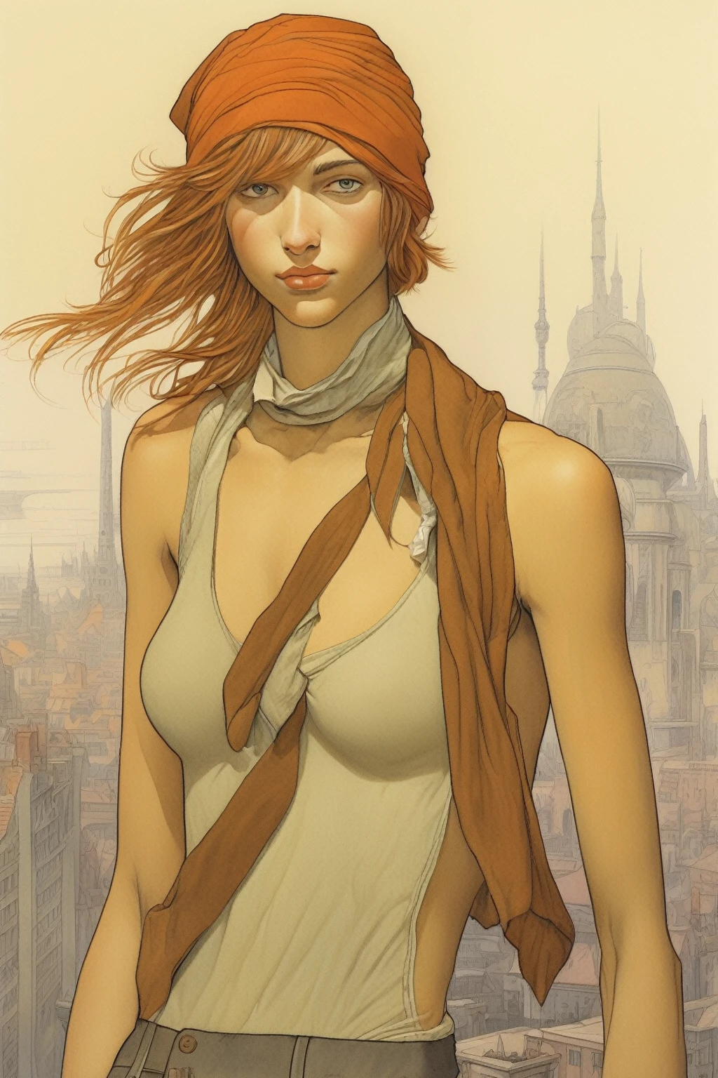 Luc Schuiten Style - naked Androgynous tomboy person, very pretty, extremely pretty, hazel hair, neither a boy nor a girl, flat chest, curvy ass, round tight ass, androgynous very pretty style, so pretty, bandana, so pretty, mid long hair,
