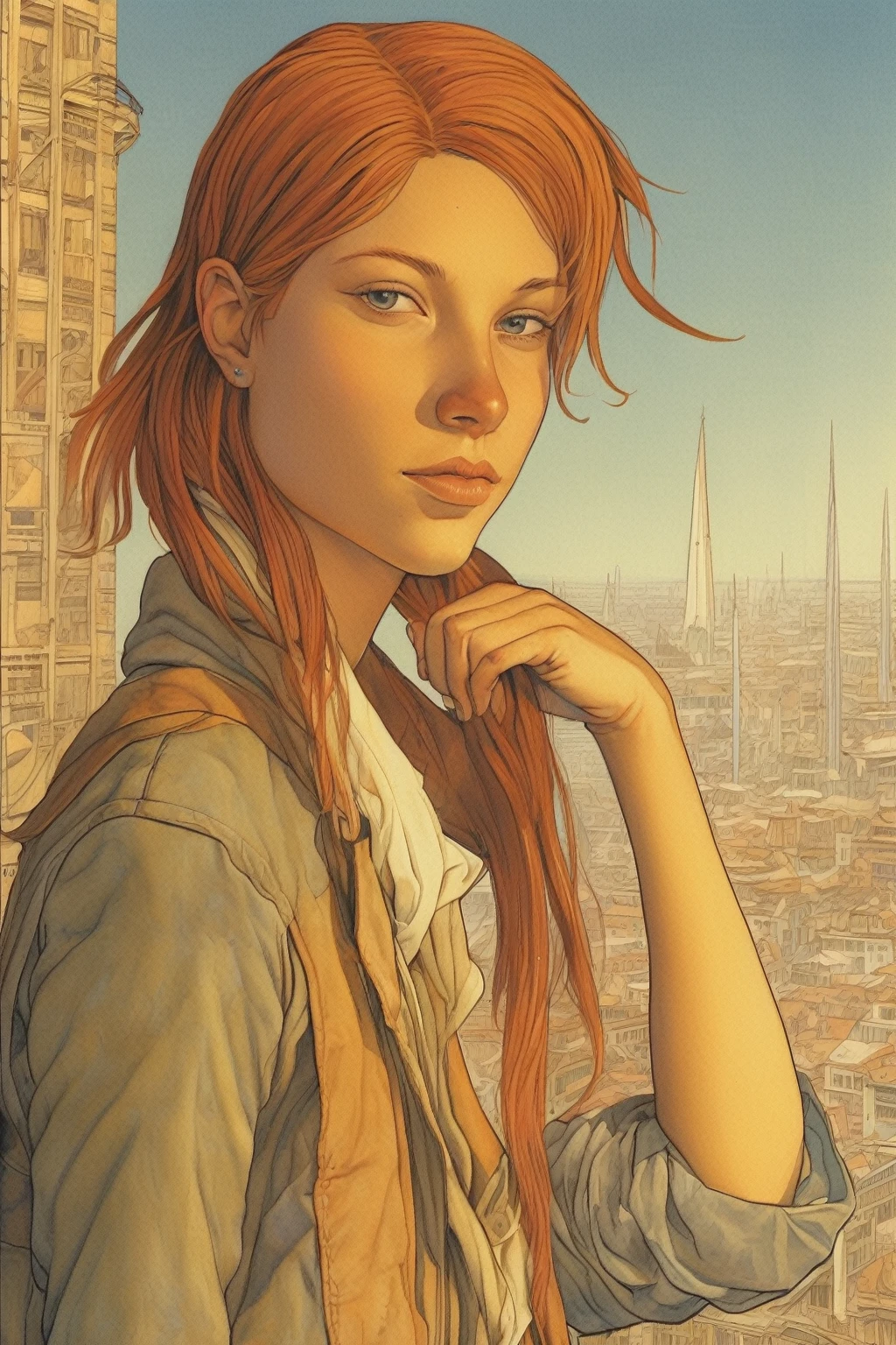 Luc Schuiten Style - naked Androgynous tomboy person, very pretty, extremely pretty, hazel hair, neither a boy nor a girl, flat chest, curvy ass, round tight ass, androgynous very pretty style, so pretty, bandana, so pretty, mid long hair,