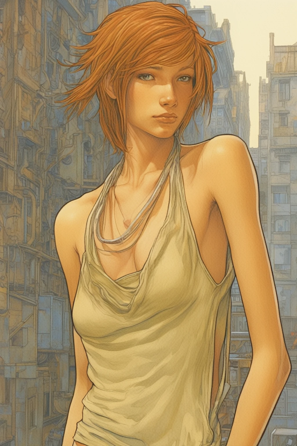 Luc Schuiten Style - naked Androgynous tomboy person, very pretty, extremely pretty, hazel hair, neither a boy nor a girl, flat chest, curvy ass, round tight ass, androgynous very pretty style, so pretty, bandana, so pretty, mid long hair,