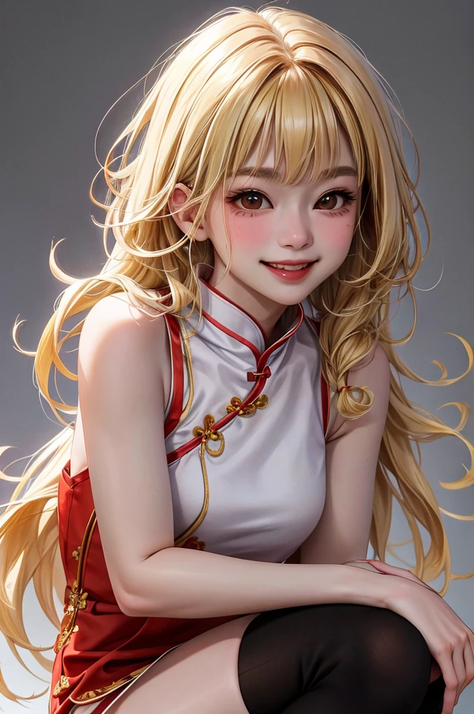 image quality,smile,woman,woman1人,adult,cute, Medium Hair, Blonde Hair,BREAK,Brown eyes, Red sleeveless cheongsam,BREAK,whole body,Black knee-high socks,Facing forward,BREAK,Background white,