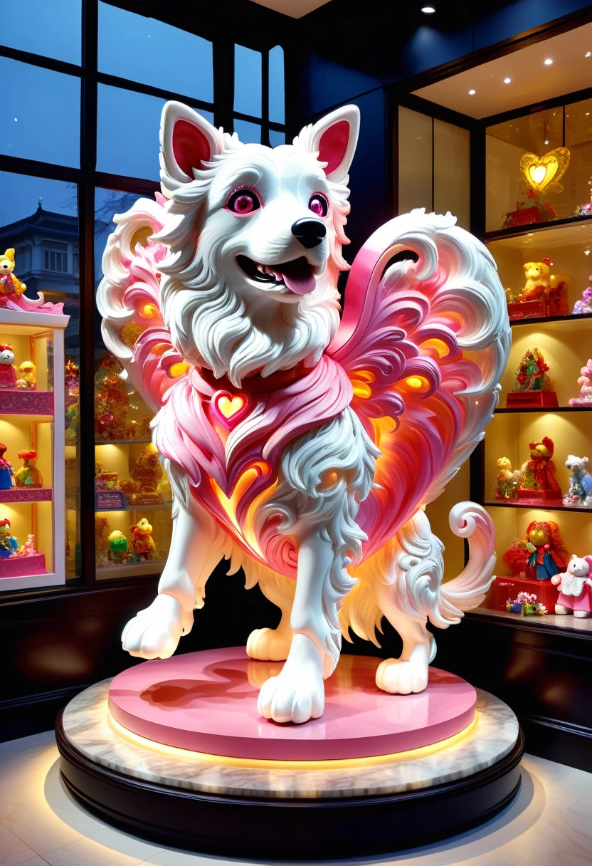 prominent display window,Bright lights can be seen through the windows。Various cute toys are displayed in the window,Detailed dolls、colorful building blocks、Colorful and diverse plush toys and sparkling electronic toys。Each toy displays distinctive features and designor example, a super realistic dog model、Mobile robots and transforming cars。among others,The most eye-catching thing a big pink heart-shaped model,Exudes warmth and romance。The entire window display very beautifully decorated,Walls and floors are made of high quality marble,finely carved white wood used for display tables and shelves,Demonstrate high quality and sophistication。The lighting effect of the showcase excellent,Used soft、warm light,Make every exhibit bright and eye-catching。looking from outside,The entire toy store window like a window into a magical world,Attracted many passery to stop and watch,and are attracted to the store by them。The overall atmosphere full of fairy tale magic and joy,Bring joy and joy to people。This picture very vivid and detailed,Bright colors,Give people a sense of vitality、full of childlike feeling。